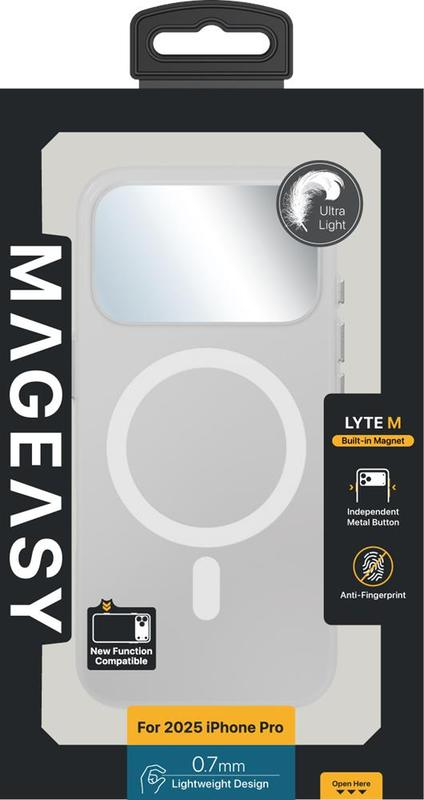 Telefontok csomagolása. A tok világosszürke, kör alakú mágneses kialakítással és fehér háttérrel. A szöveg tartalmazza a 'MAGEASY' és a 'LYTE M' feliratot.