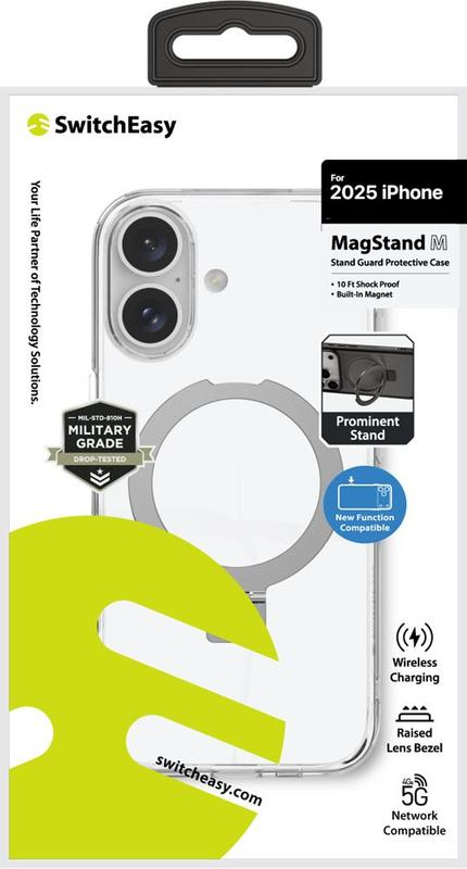 Átlátszó iPhone tok állvánnyal, vezeték nélküli töltéssel és 5G hálózati kompatibilitással. A tok katonai minőségű, leejtés tesztelt.