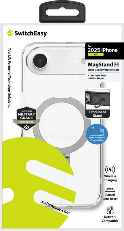 Átlátszó iPhone tok csomagolás. A tok látható, kiemelve a MagStand és a vezeték nélküli töltés funkciókat. A márka a SwitchEasy.