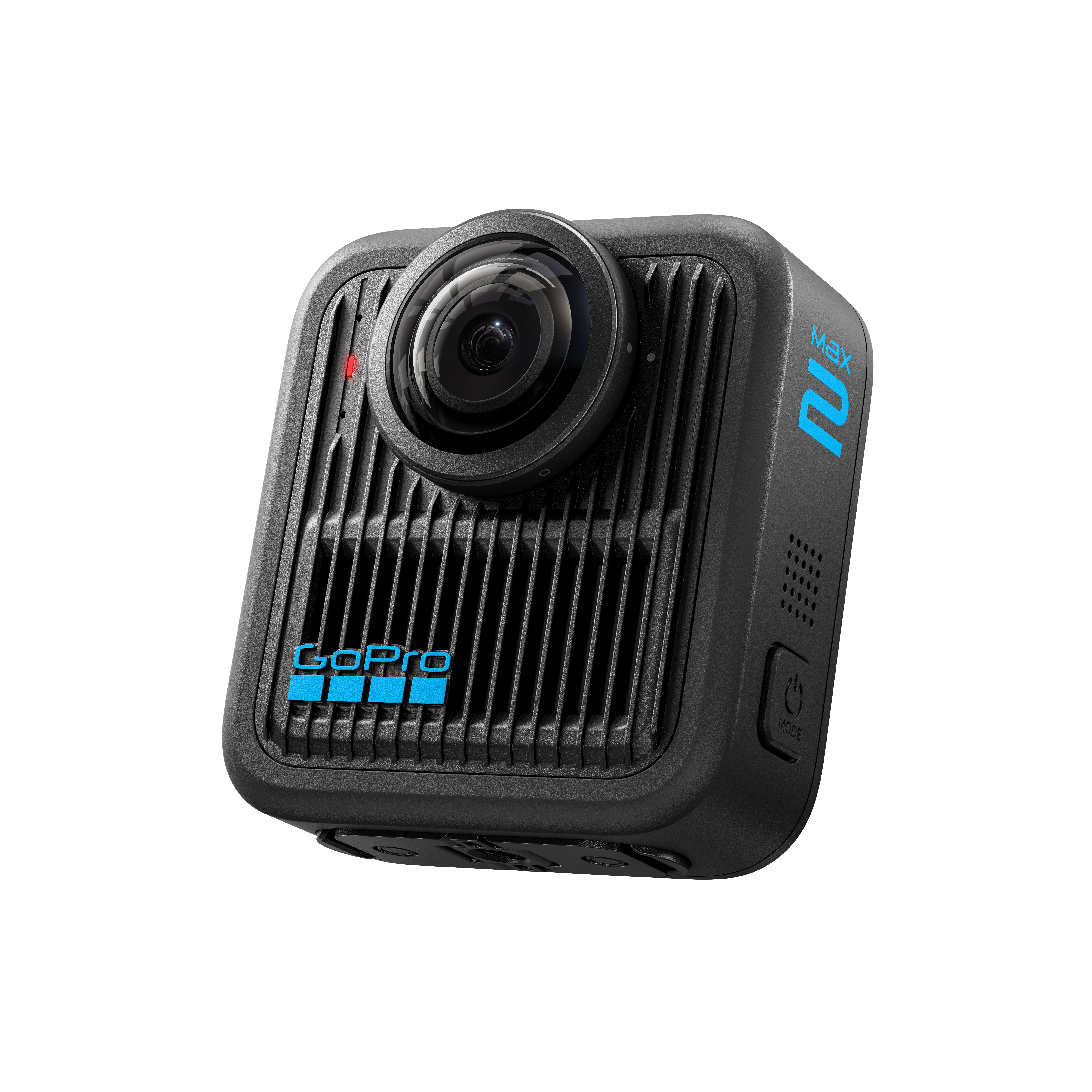Schwarze GoPro Max 2 Kamera. Sie hat ein Objektiv, den Markennamen und Knöpfe. Der Hintergrund ist weiß.