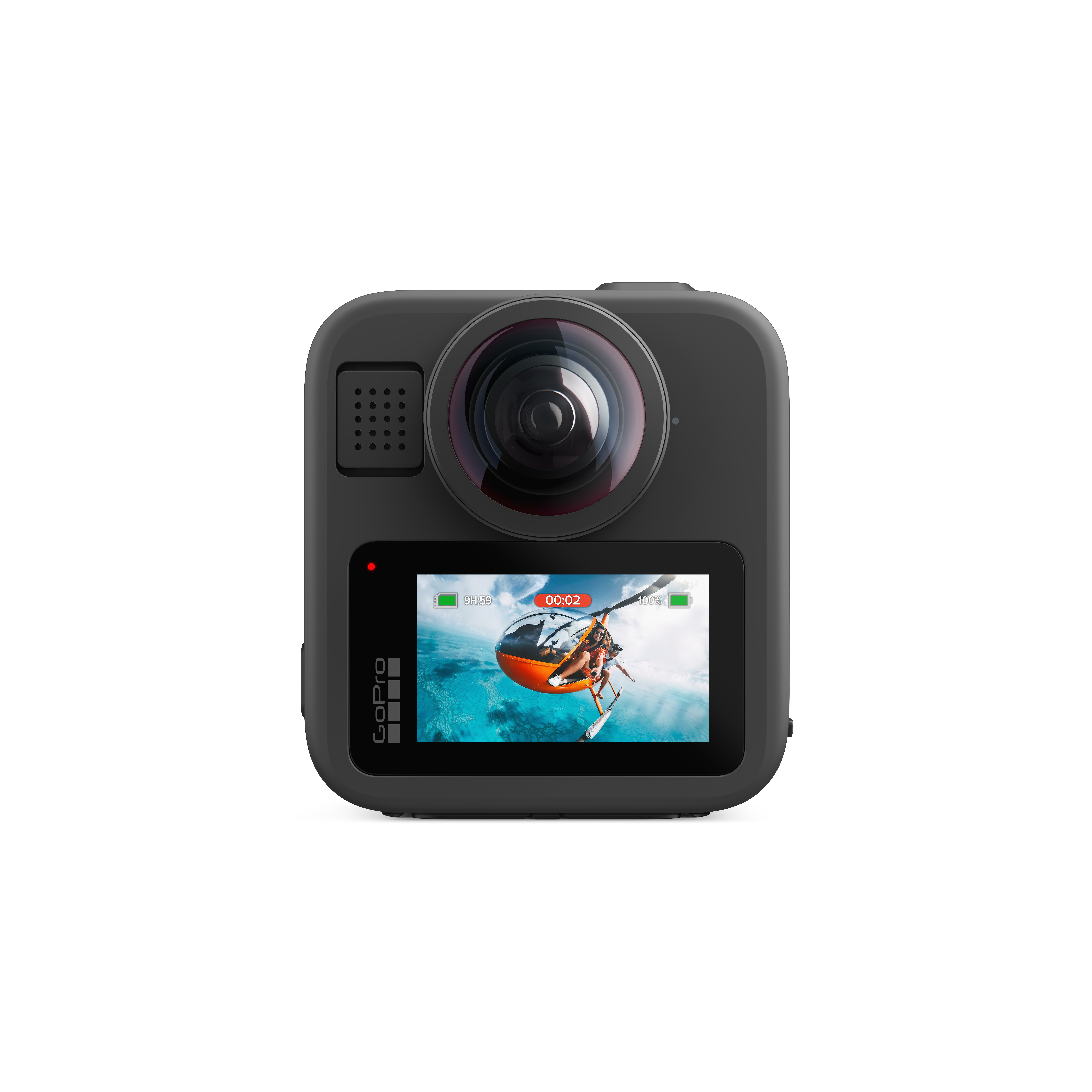 Schwarze GoPro-Kamera mit Bildschirm, der einen Hubschrauber zeigt. Der Bildschirm zeigt Zeit, Akku und Himmelsansicht.