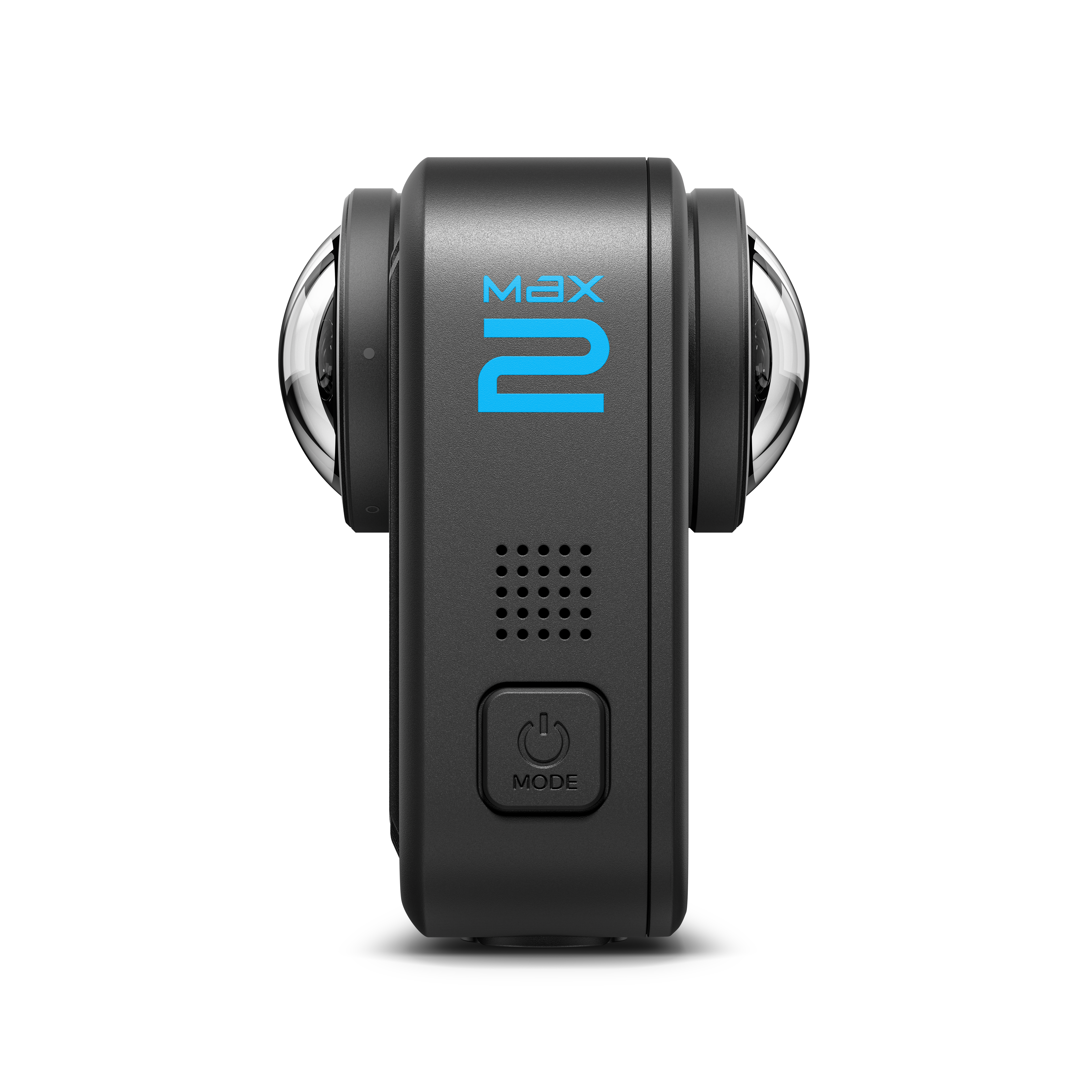 Eine schwarze GoPro Max 2 Kamera mit zwei Fischaugenobjektiven. Das Wort MAX 2 ist blau. Sie hat eine Modustaste.