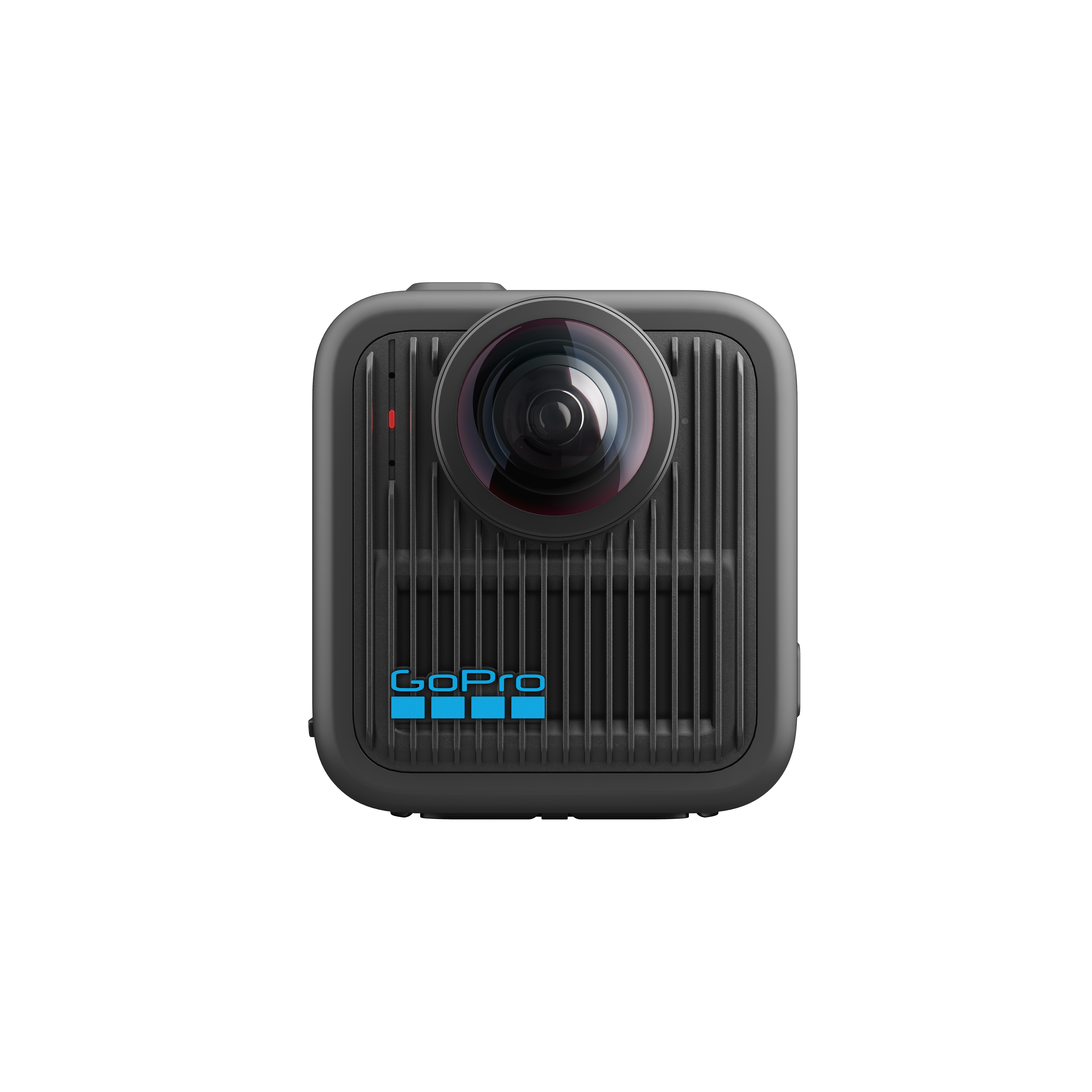 Eine schwarze GoPro-Kamera mit großem Objektiv und blauem GoPro-Logo. Die Kamera hat ein geripptes Design und ein rotes Licht.