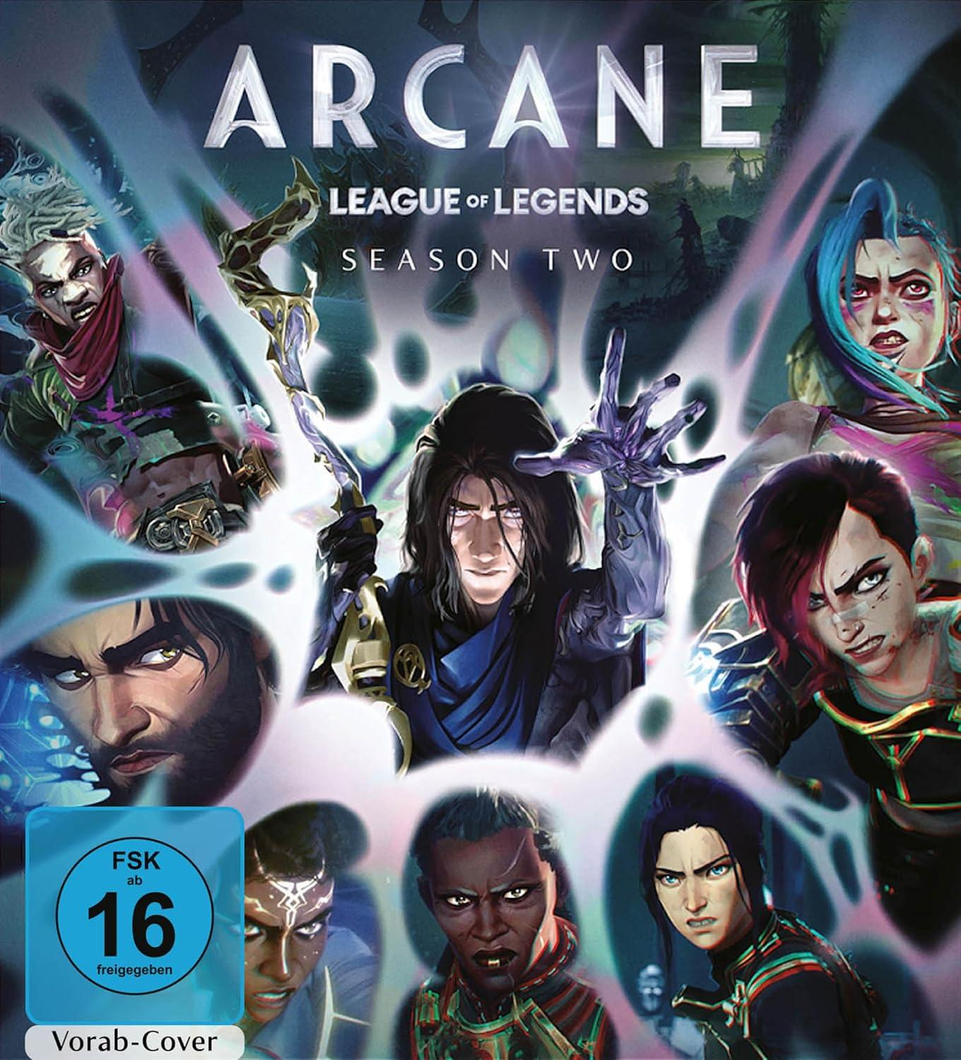 Arcane: League of Legends Staffel Zwei Cover. Gesichter von Charakteren umgeben den Text. Bewertungsschild FSK 16 unten links.