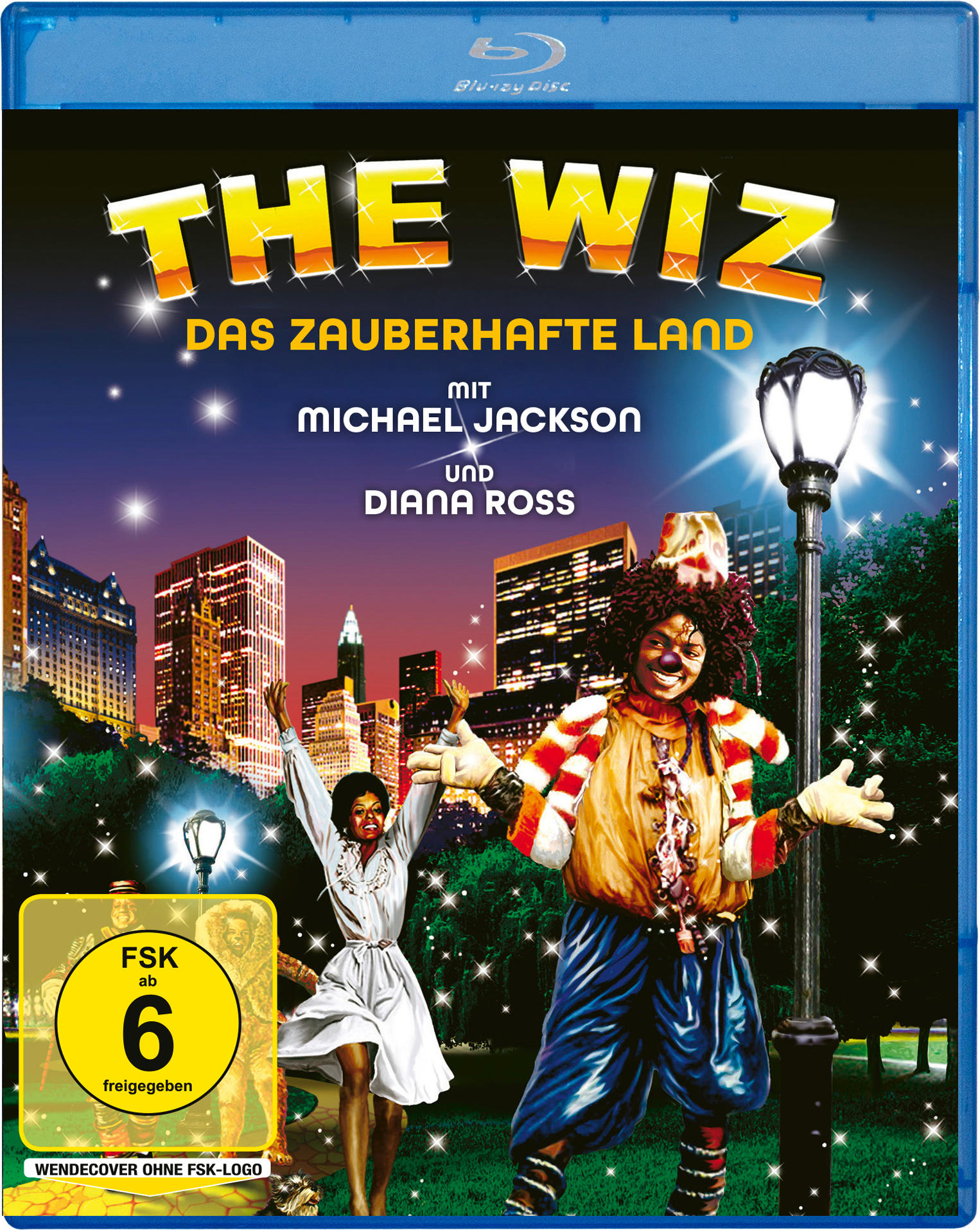 Blu-ray-Cover für 'The Wiz' mit Michael Jackson und Diana Ross. Es zeigt Charaktere vor einer nächtlichen Skyline.