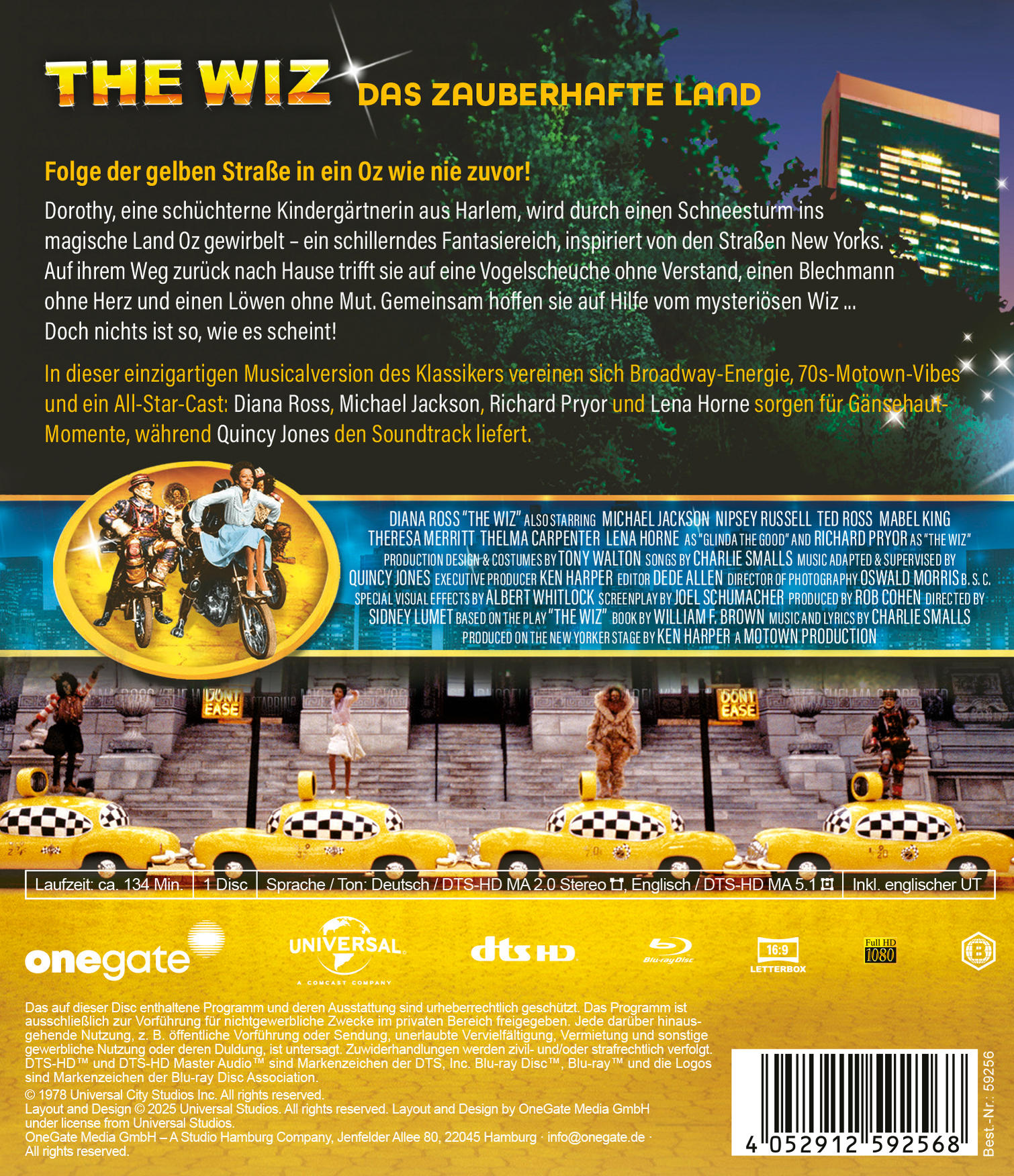 Filmplakat für 'The Wiz'. Zeigt ein gelbes Taxi, Charaktere und den Titel mit den Namen der Schauspieler.