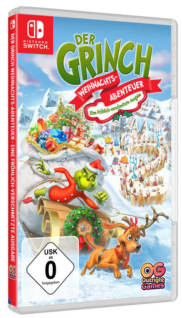 Spielhülle für "Der Grinch". Grinch in rotem Anzug, Max der Hund, Geschenkesack, Weihnachtsbaum und verschneites Dorf.