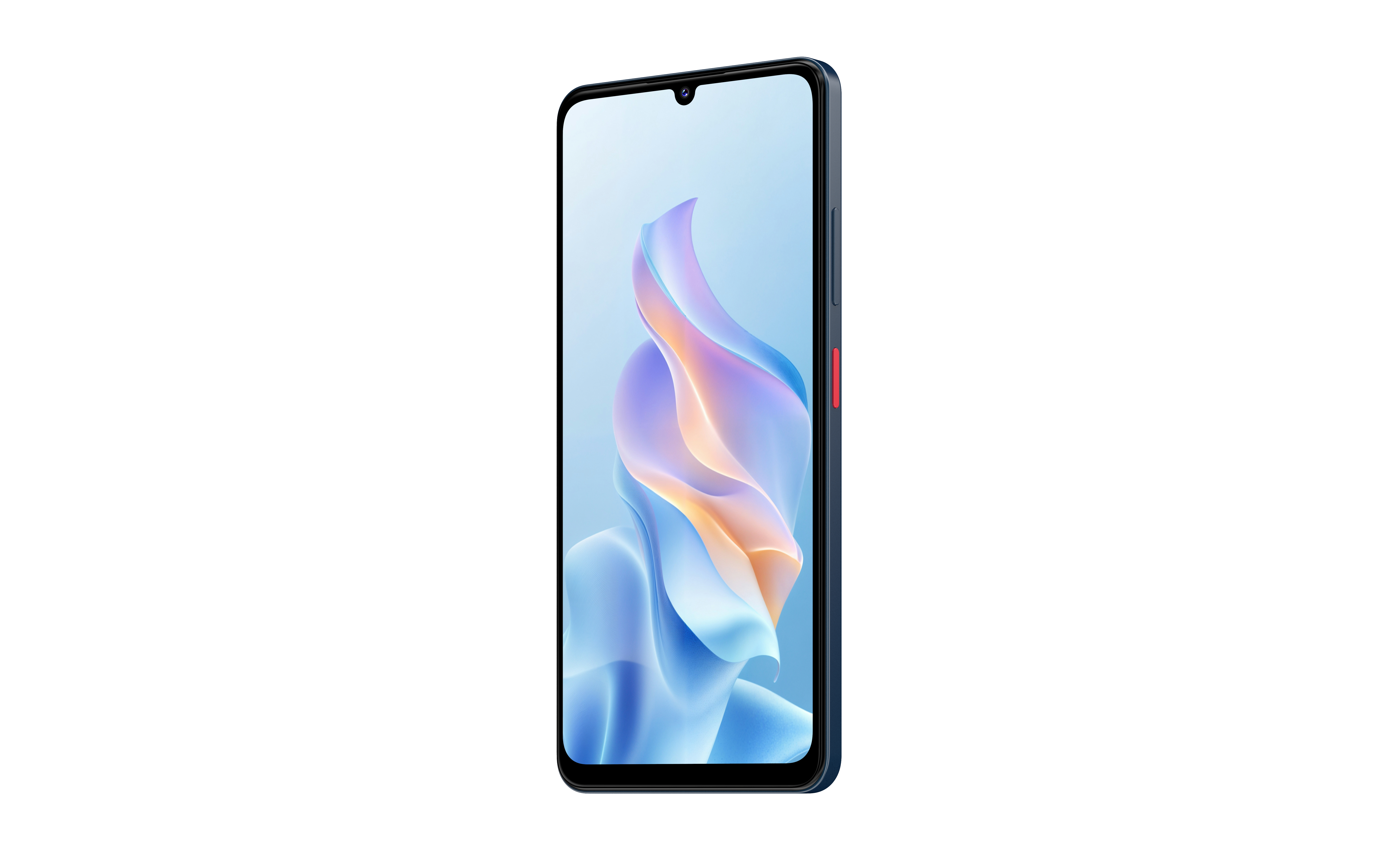 Ein Smartphone in Seitenansicht auf weißem Hintergrund. Der Bildschirm zeigt abstrakte blaue und orangefarbene Formen.
