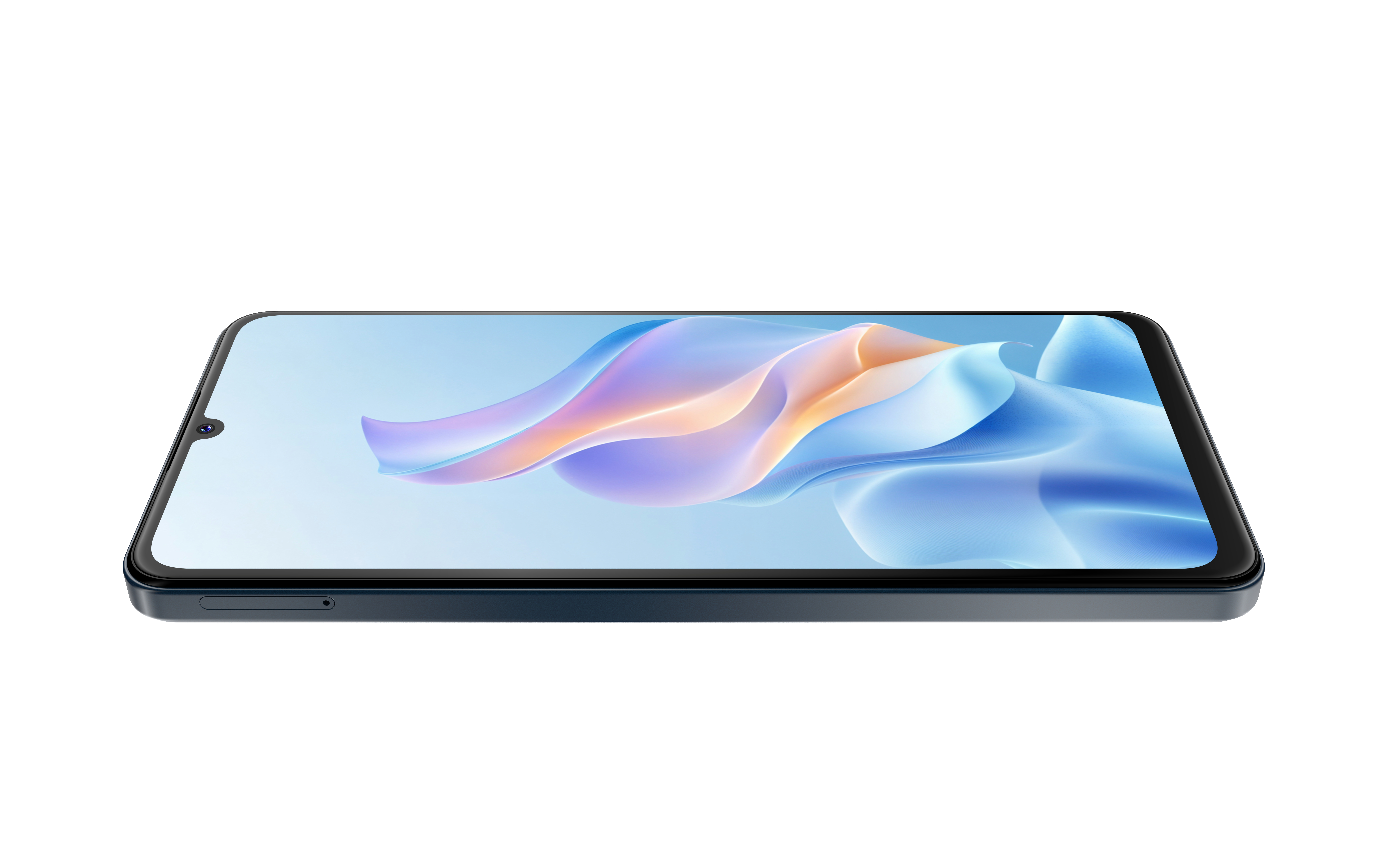 Ein Smartphone ist im Winkel zu sehen. Der Bildschirm zeigt ein blaues und oranges abstraktes Design vor weißem Hintergrund.