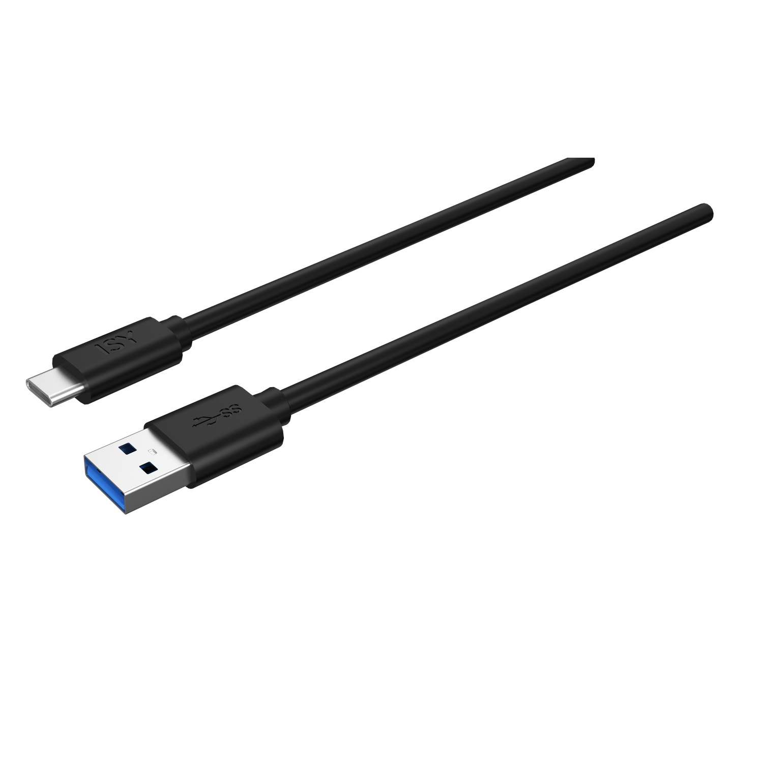 Deux câbles USB noirs avec des extrémités différentes. L'un est USB-C, l'autre est USB 3.0 avec un insert bleu. Fond blanc.