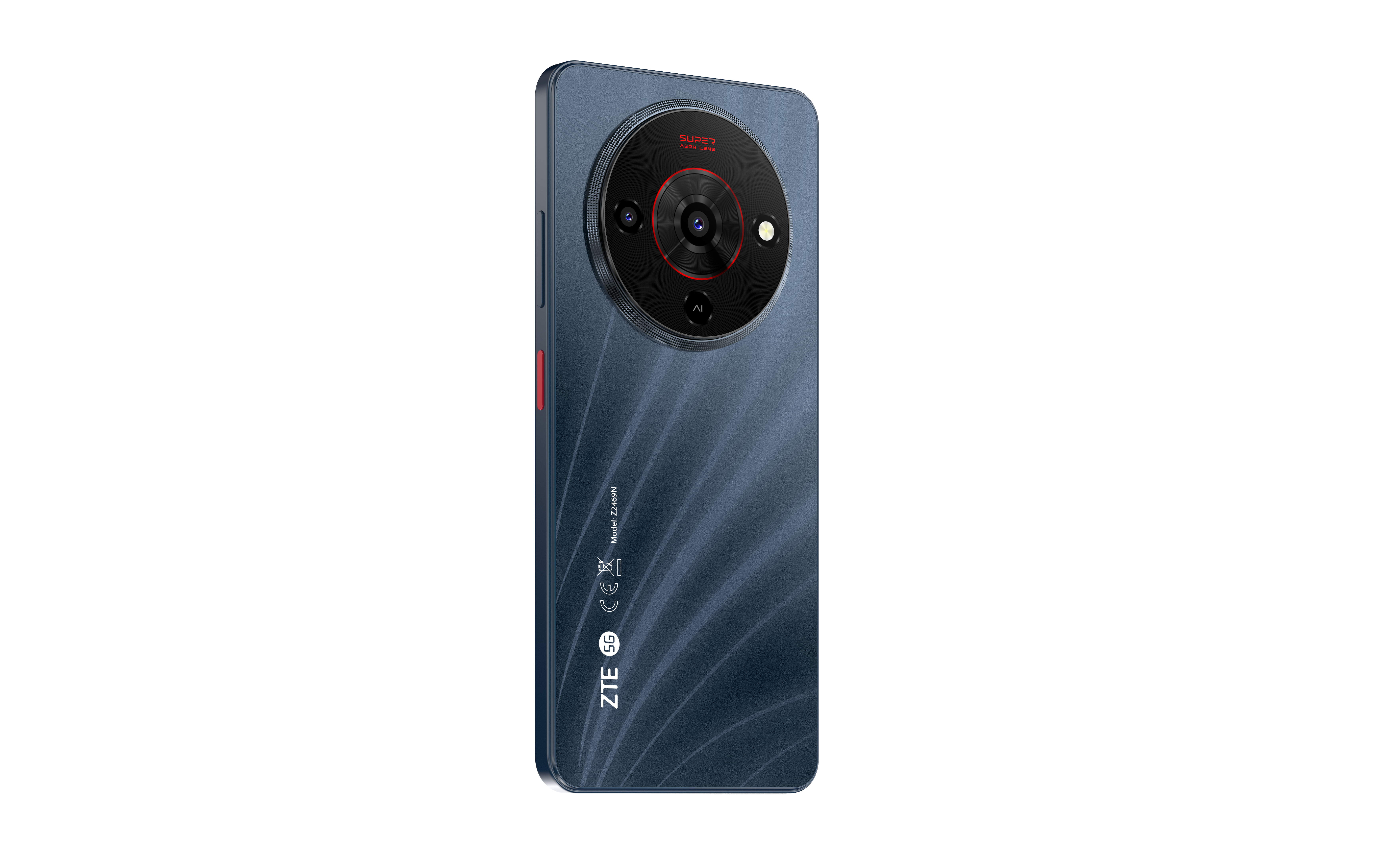 Gezeigt wird ein dunkelblaues ZTE-Telefon. Die Rückseite hat ein großes kreisförmiges Kameramodul mit roten Akzenten.