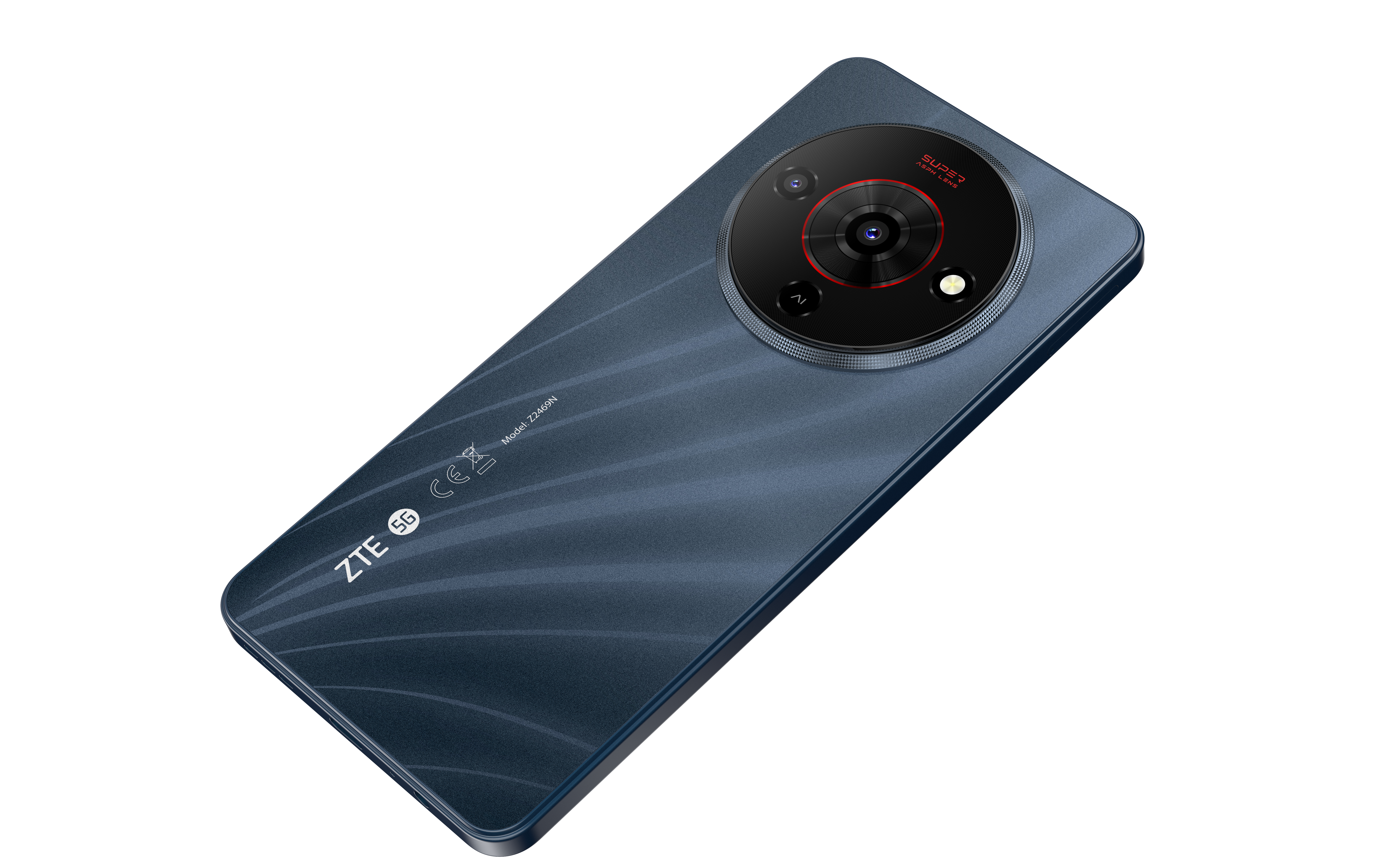 Ein dunkelblaues ZTE-Smartphone. Es hat ein großes Kameramodul mit mehreren Objektiven und ein 5G-Logo.