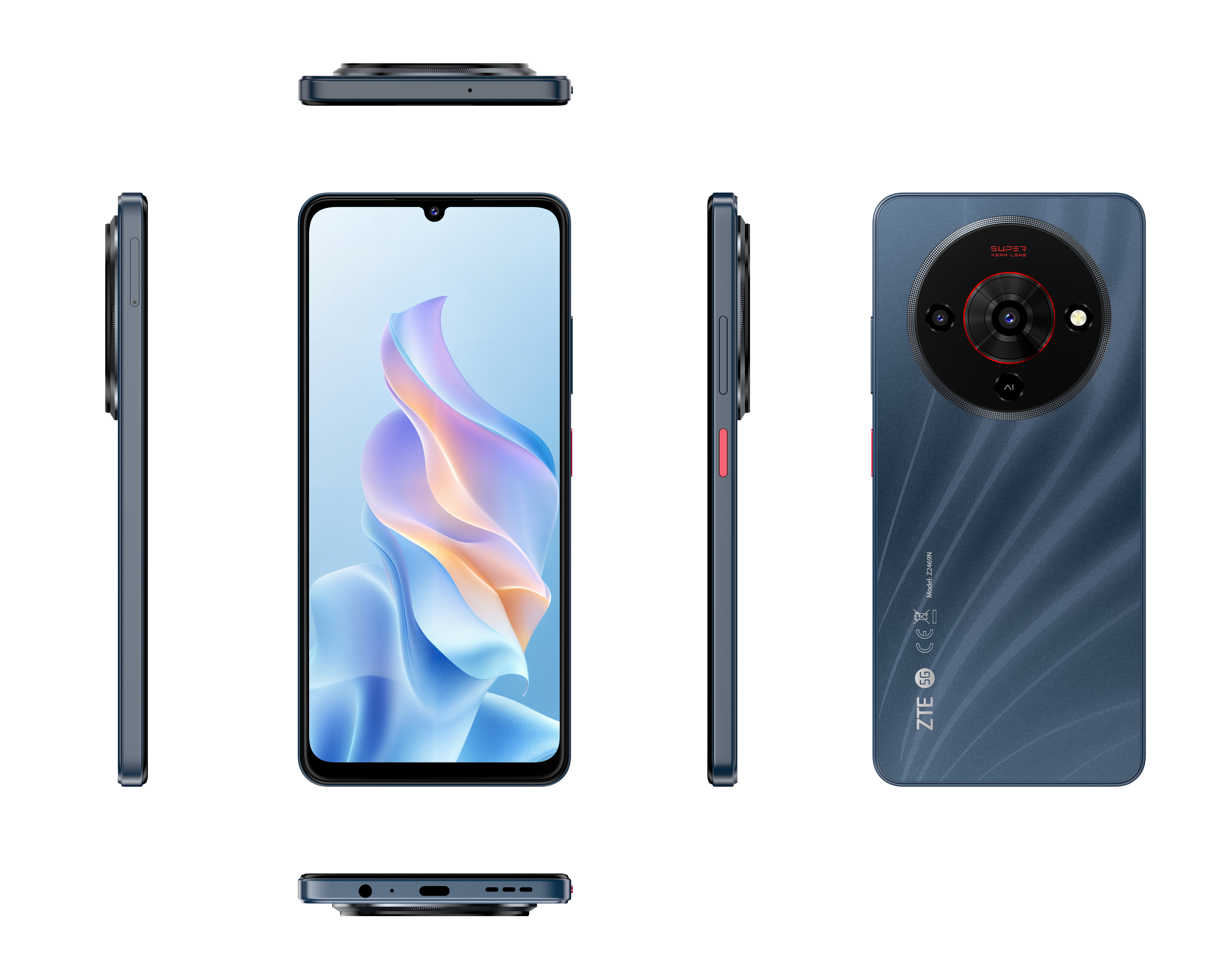 Ein dunkelblaues ZTE-Telefon wird aus verschiedenen Winkeln gezeigt. Der Bildschirm zeigt ein farbenfrohes abstraktes Bild.