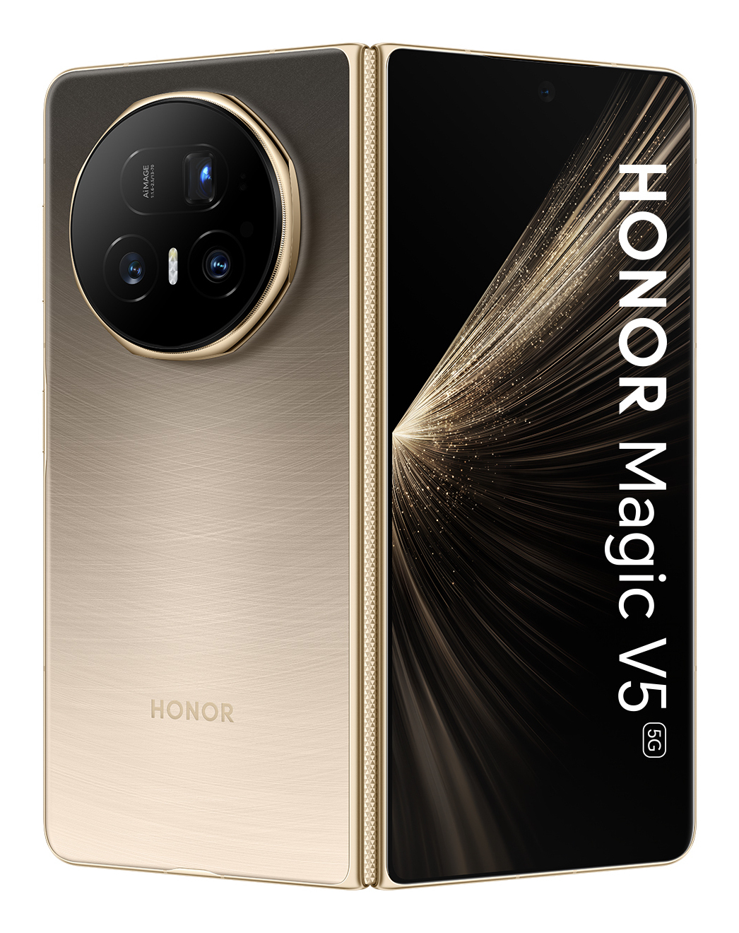 Teléfono plegable HONOR Magic V5 5G, color dorado. Está parcialmente abierto, mostrando la pantalla y el módulo de la cámara.