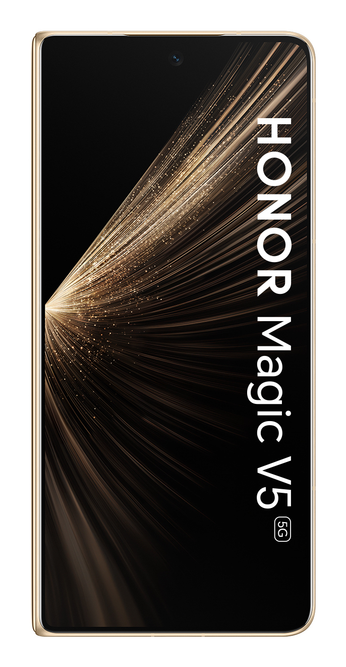 Un smartphone con marco dorado y 'HONOR Magic V5 5G' en la pantalla negra. Líneas doradas abstractas irradian del centro.