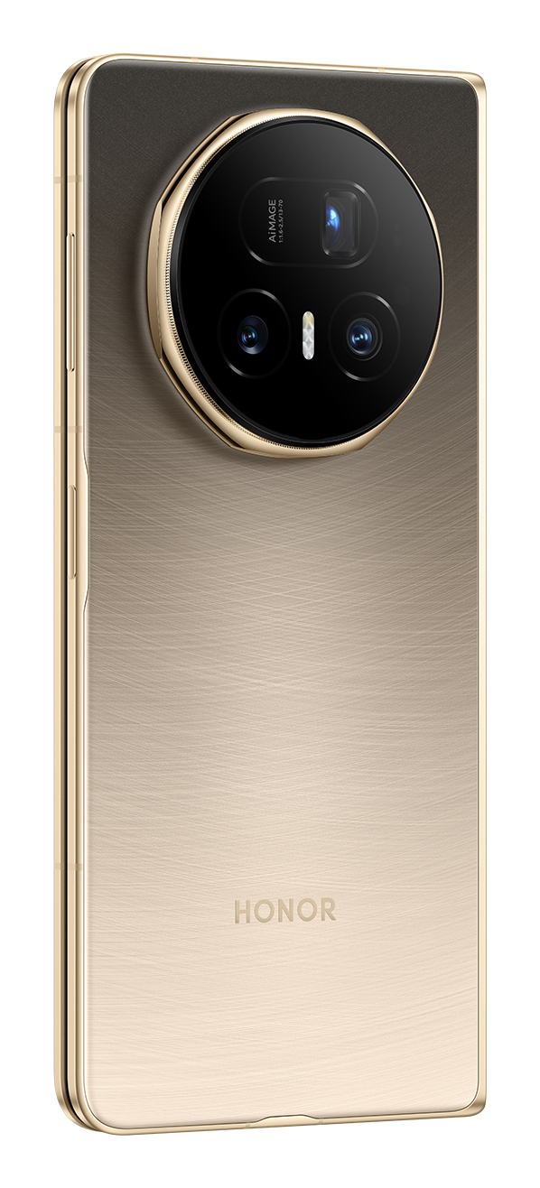 Parte trasera dorada de smartphone con conjunto de cámaras, marca HONOR y acabado metálico cepillado. La cámara tiene tres lentes.