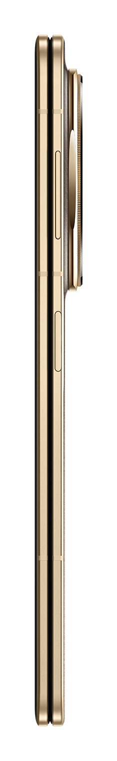 Un smartphone dorado, plegado, con una vista lateral que muestra botones y una protuberancia de la cámara. Está sobre fondo blanco.