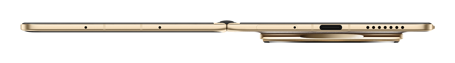 Un teléfono dorado plegable se muestra parcialmente abierto. Tiene una bisagra negra y varios puertos y altavoces visibles. El fondo es blanco.