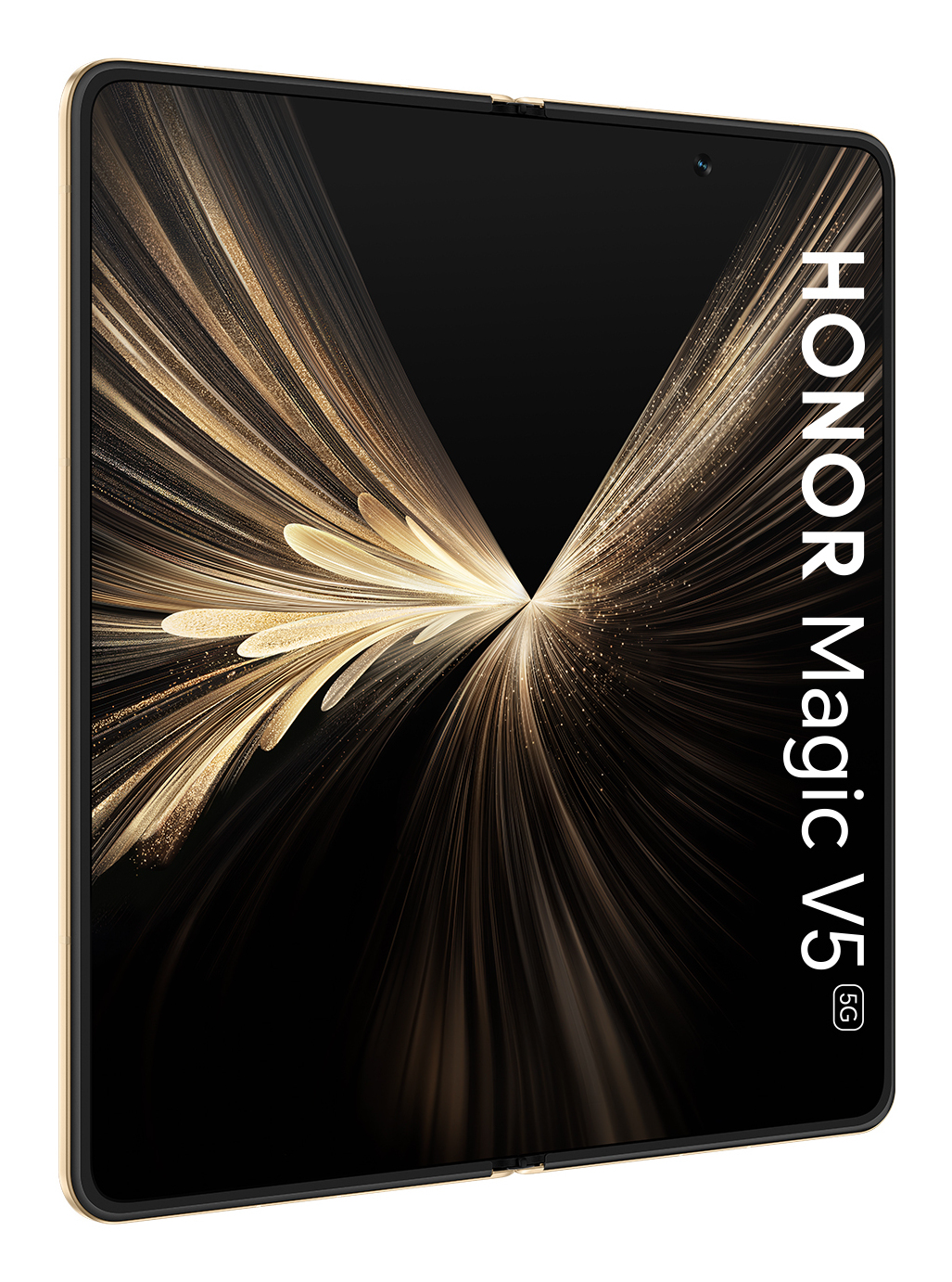 Un teléfono plegable con marco dorado. La pantalla muestra un diseño abstracto dorado. El nombre del teléfono, HONOR Magic V5, está escrito verticalmente.