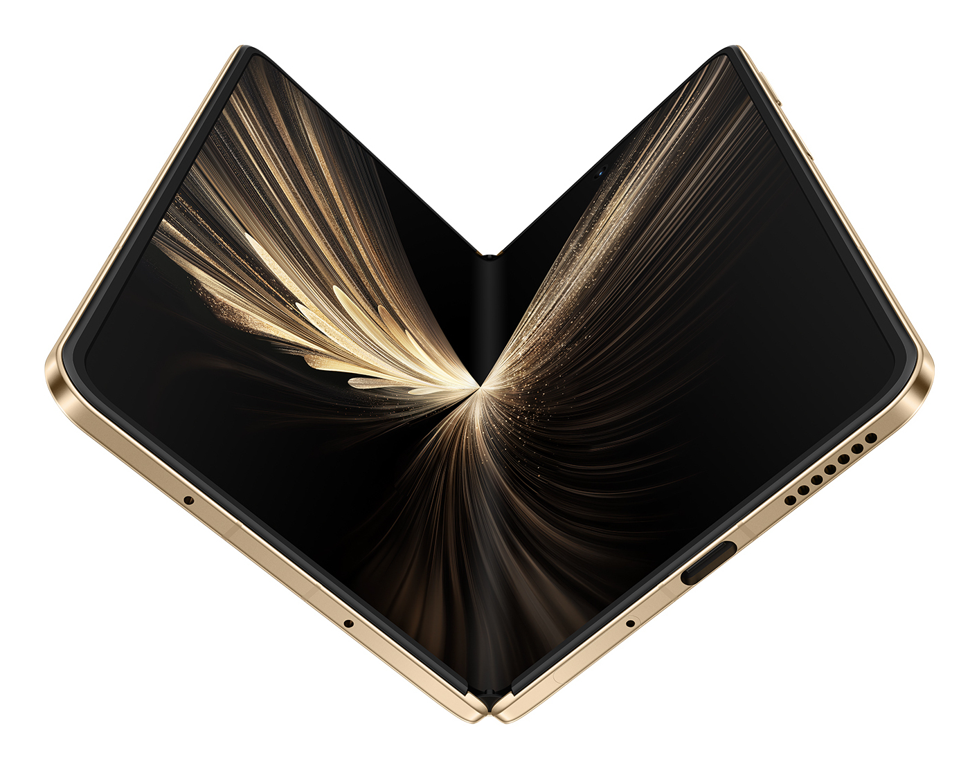 Un teléfono inteligente plegable dorado, abierto en forma de V, mostrando una pantalla negra con rayos dorados.