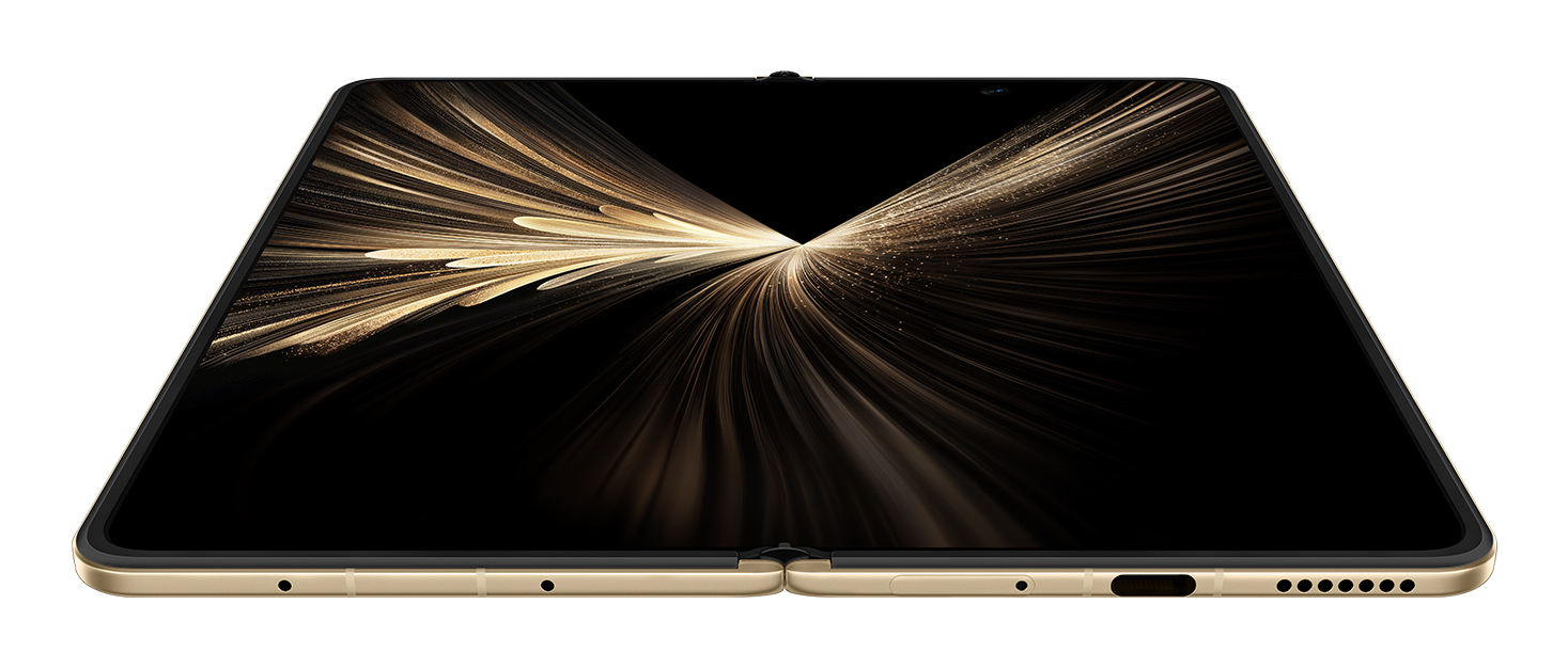 Un teléfono inteligente plegable, marco dorado, pantalla negra. Muestra un diseño abstracto dorado. Abierto, mostrando su pantalla.