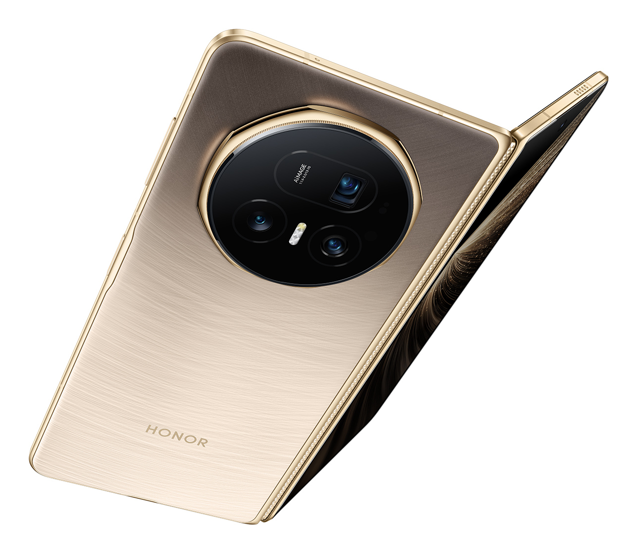 Un teléfono inteligente HONOR dorado está parcialmente abierto, mostrando una matriz de cámara. La parte trasera es dorada cepillada. El lado abierto tiene un panel marrón.