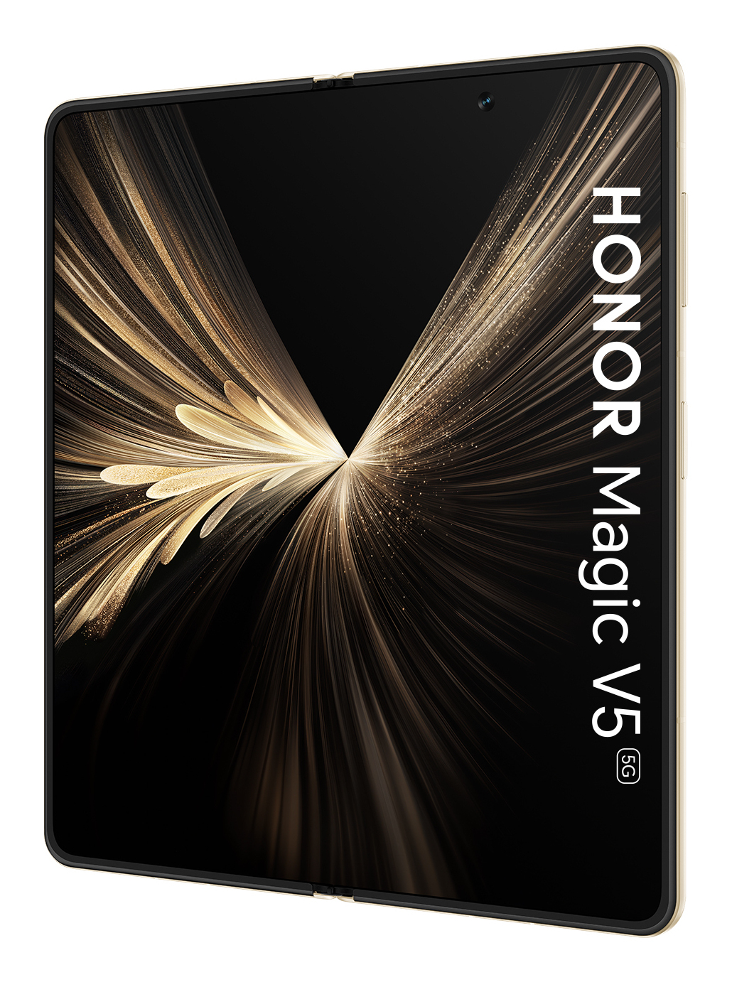 Un teléfono dorado HONOR Magic V5 5G. La pantalla muestra un diseño abstracto en negro y dorado. El teléfono está parcialmente abierto.
