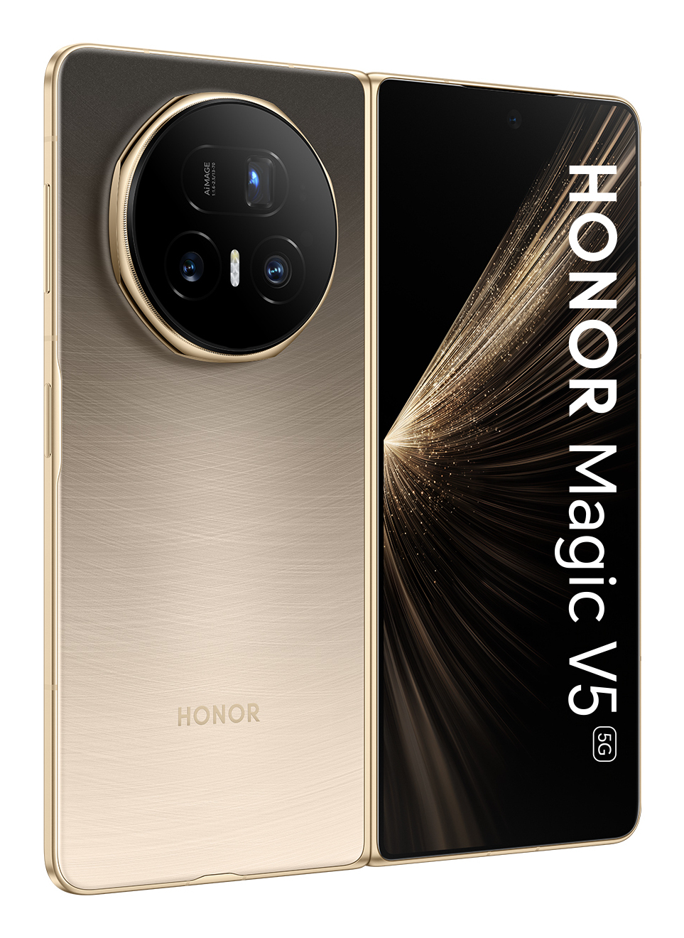 Teléfono dorado HONOR Magic V5 5G, plegado. Cuenta con un gran módulo de cámara y el logotipo de HONOR. La pantalla muestra un efecto de luz.