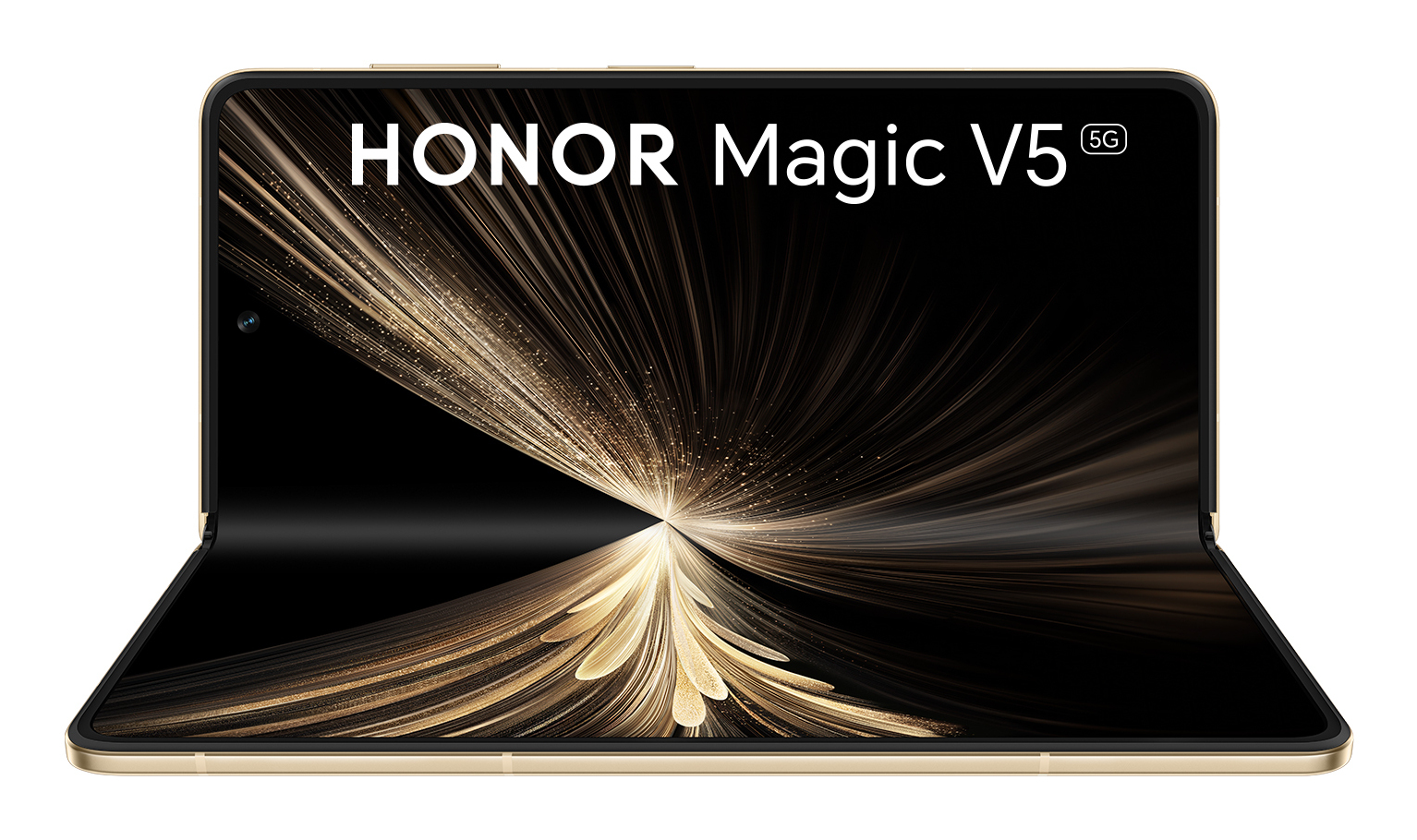 Teléfono plegable HONOR Magic V5 5G, con pantalla negra que muestra un patrón de luz dorada. Marco dorado. Texto blanco: HONOR Magic V5 5G.