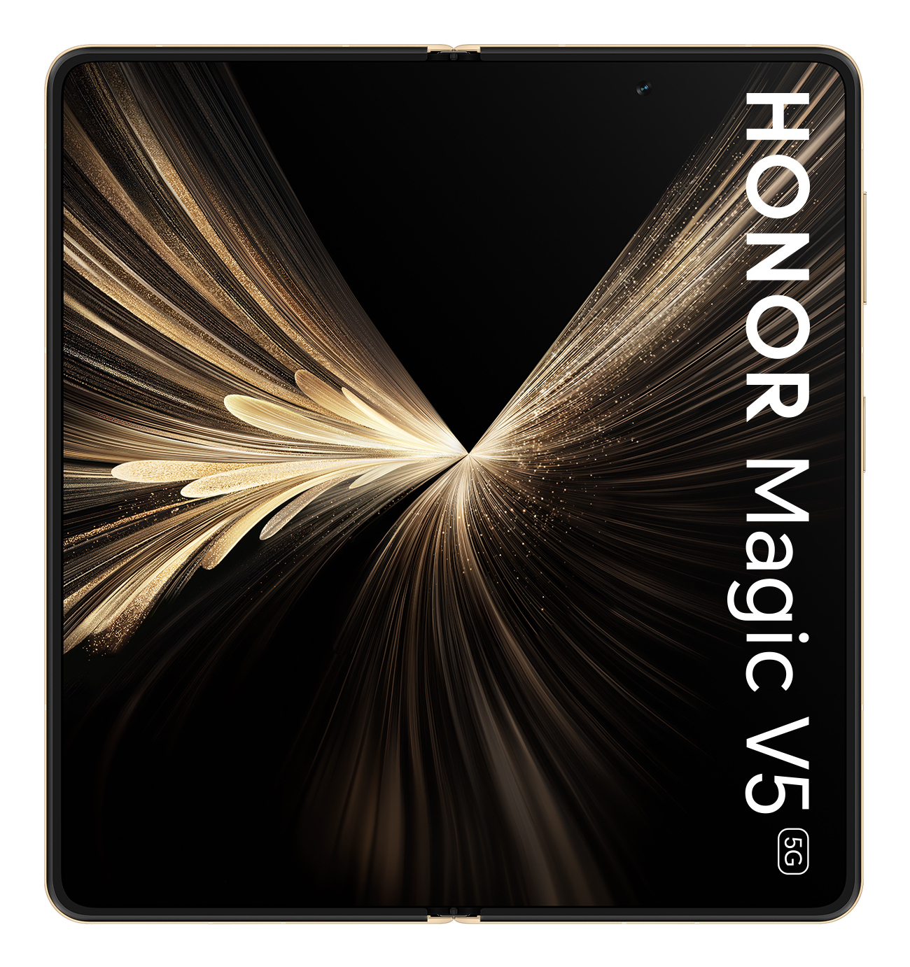 Un teléfono negro que muestra un diseño dorado y negro, con las palabras HONOR Magic V5. El teléfono tiene un marco dorado.