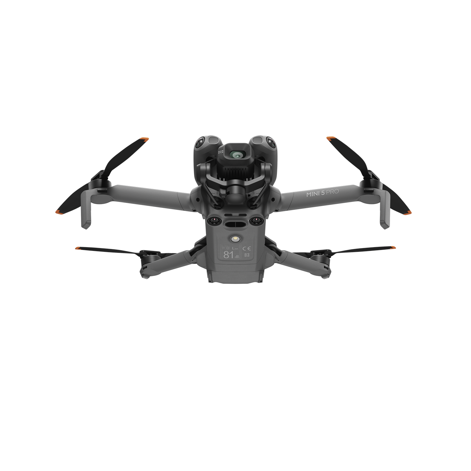 Un dron gris, DJI Mini 3 Pro, con hélices negras y puntas naranjas, contra un fondo gris. El dron está centrado, mirando hacia adelante.