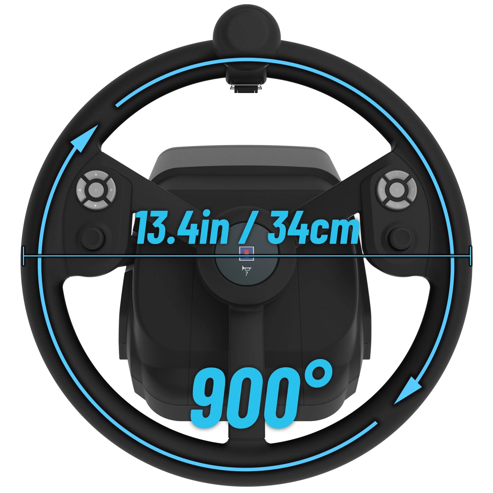 Volante negro con botones, 13.4in/34cm, y indicador de rotación 900°, flechas azules.