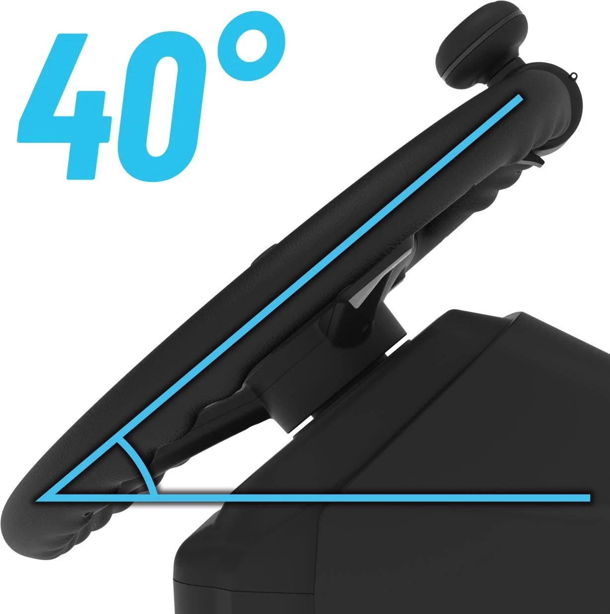 Volante negro con un ángulo de 40 grados marcado por líneas azules. El fondo es blanco.
