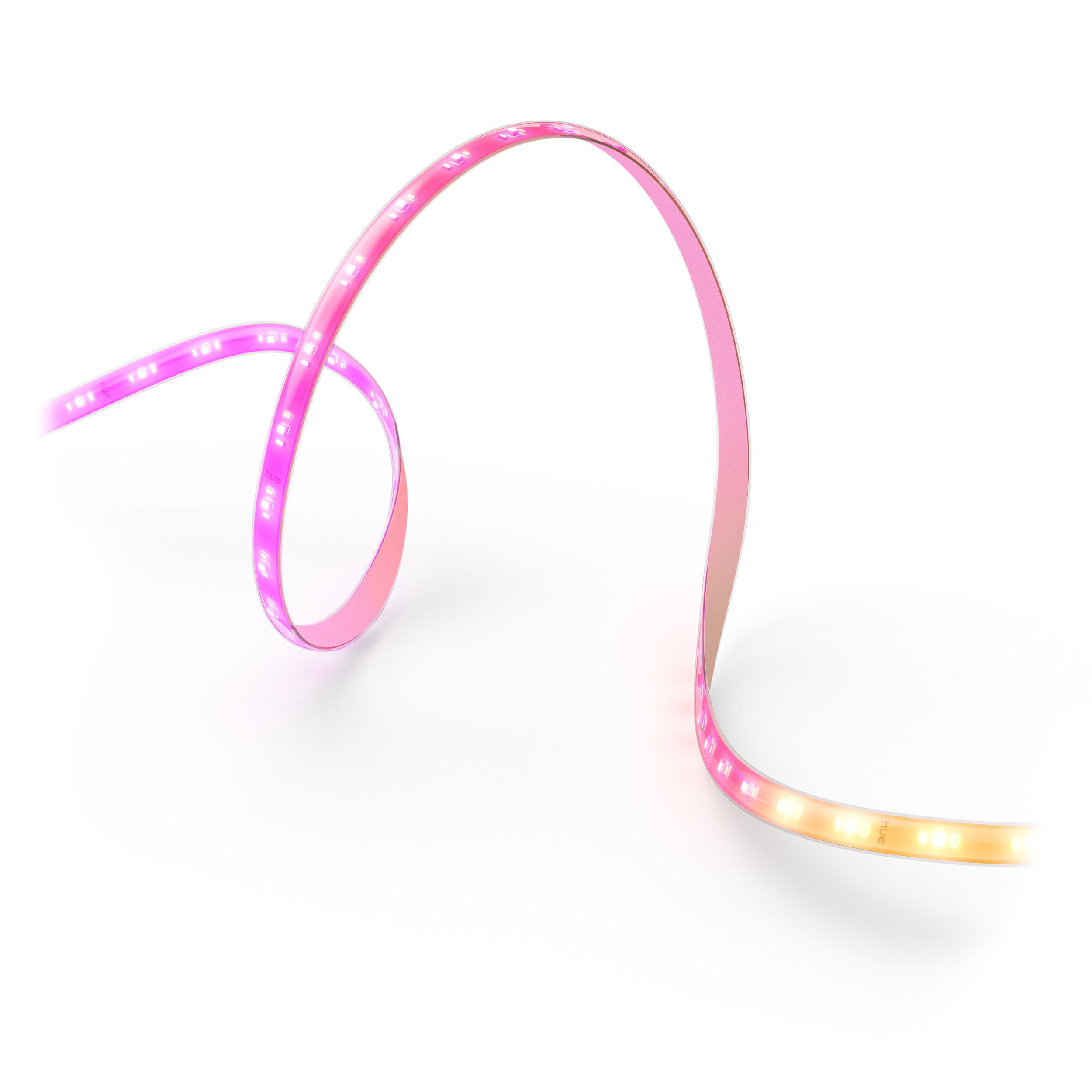 Ein flexibles, rosa LED-Band ist vor weißem Hintergrund gekräuselt. Die LEDs wechseln die Farbe von rosa zu gelb.