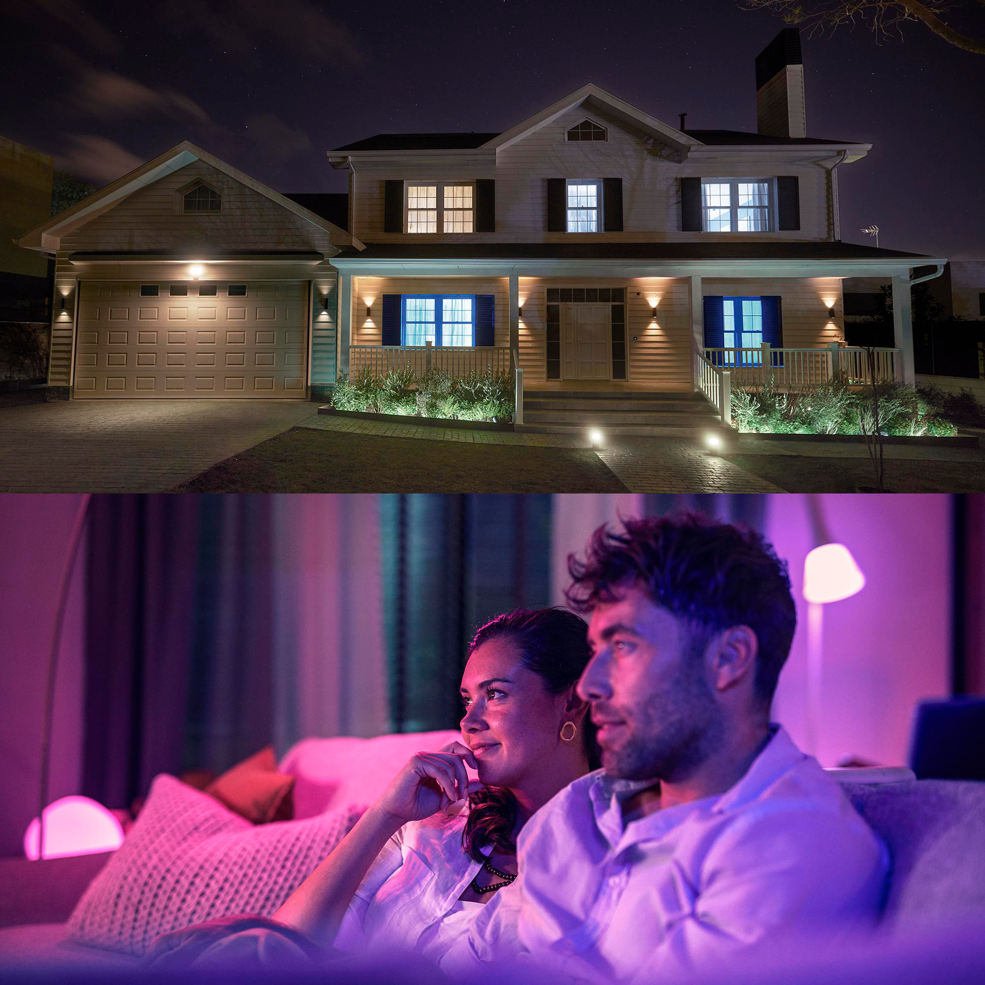 Nachts. Ein Haus mit Lichtern und ein Paar, das auf einem Sofa in einem Raum mit rosa Licht sitzt.