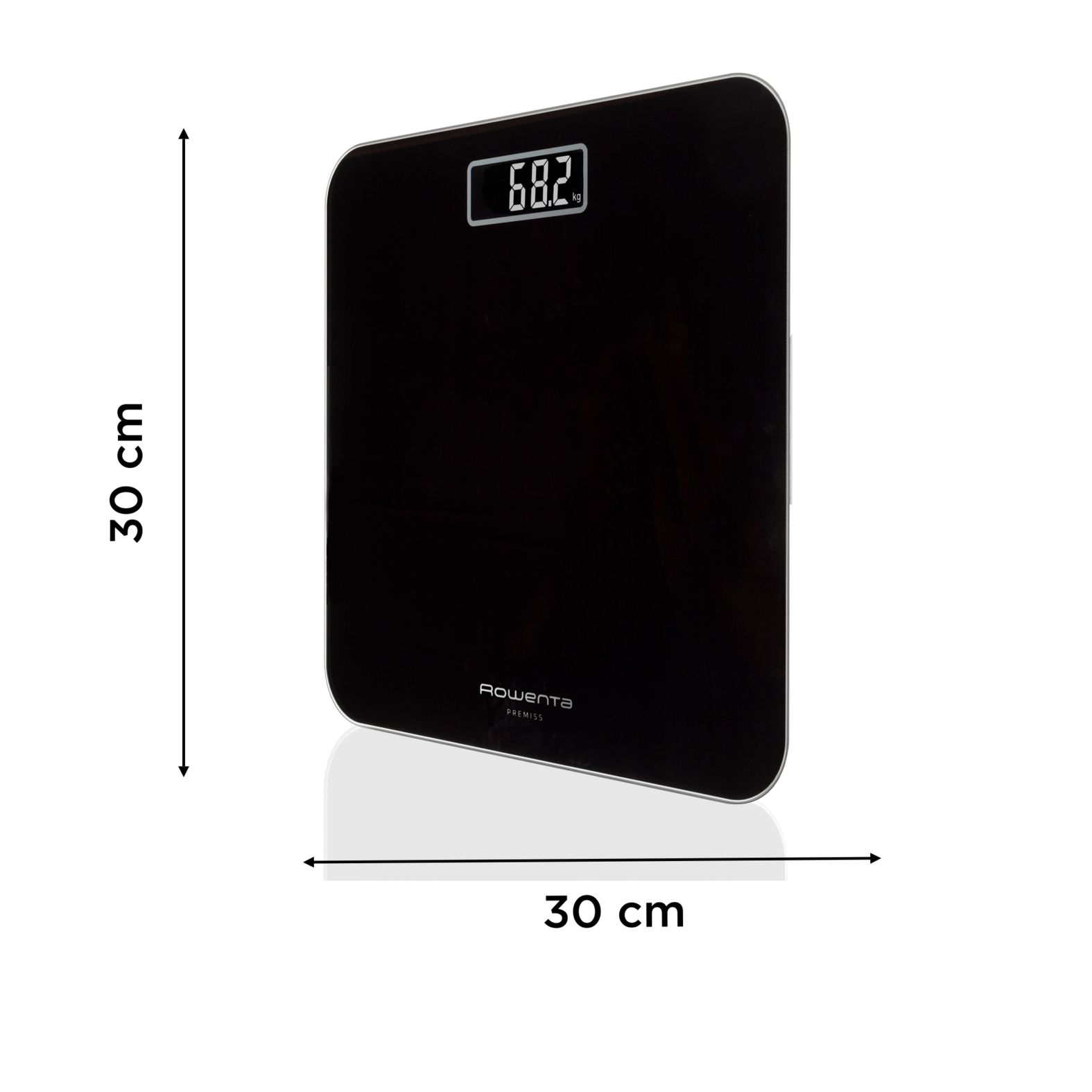 Una báscula de baño digital negra que muestra 68,2 kg. Mide 30 cm de largo y ancho. La marca es Rowenta.