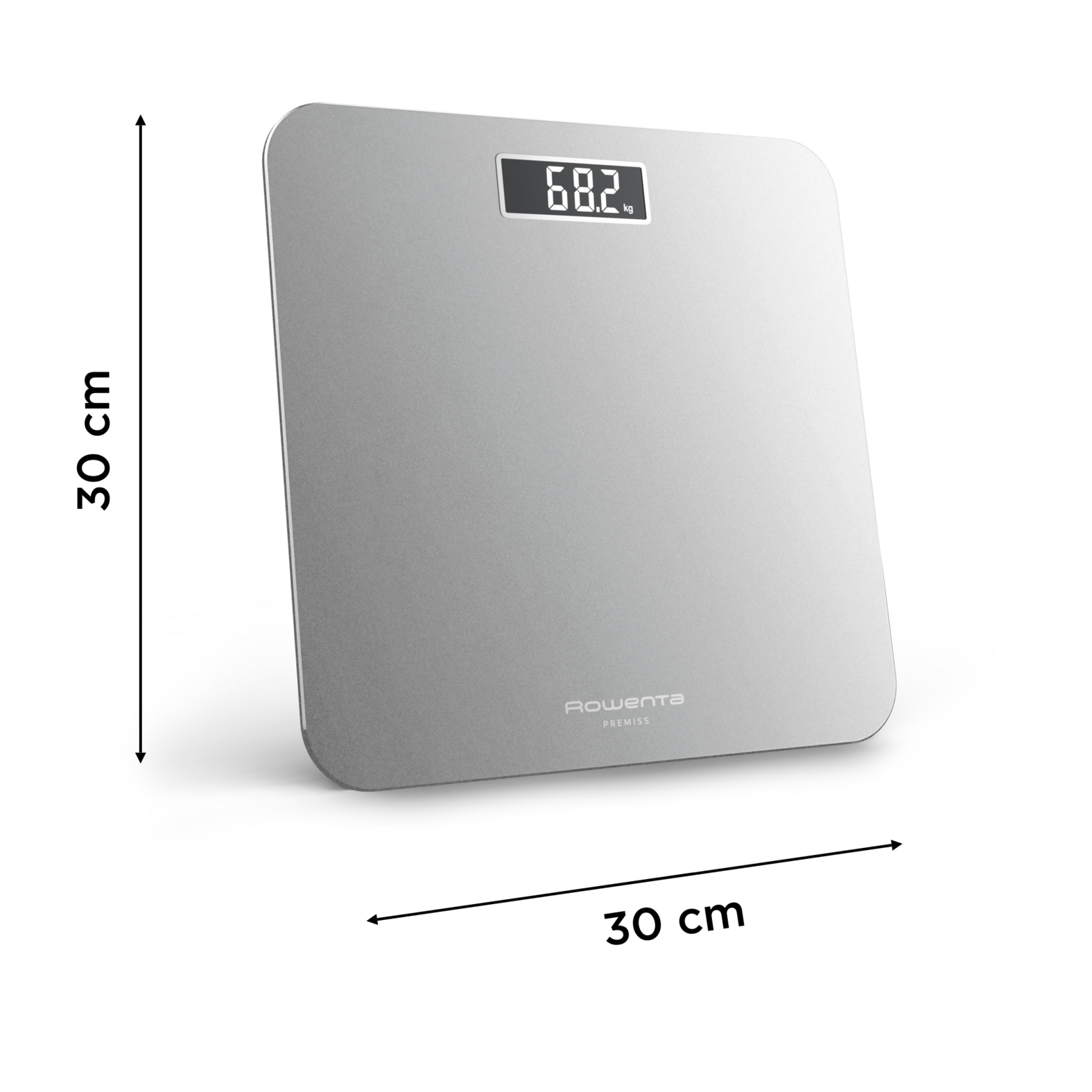 Báscula digital plateada con 68,2 kg. Etiquetada 'Rowenta PREMISS' y mide 30x30 cm.