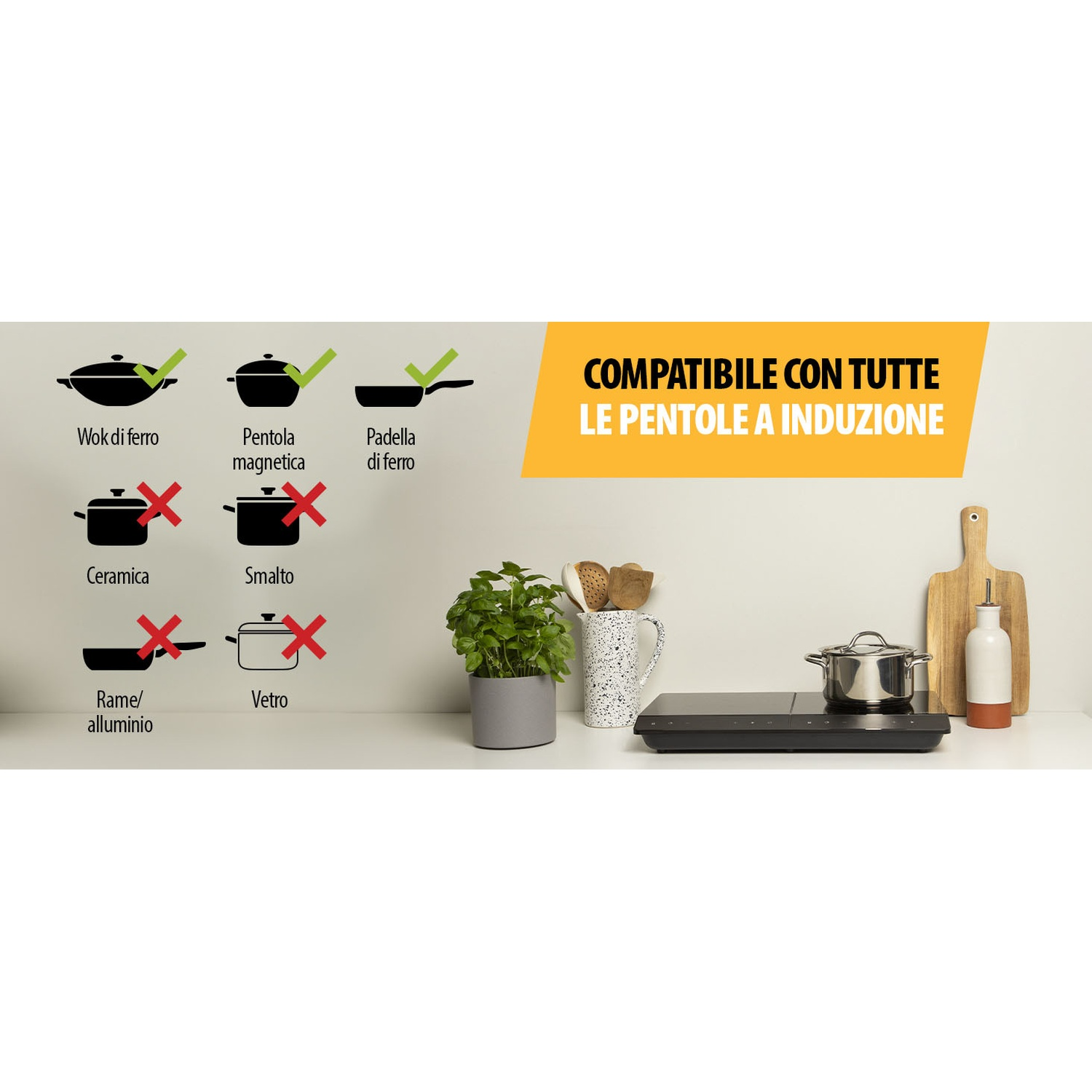 L'immagine mostra pentole e un piano cottura a induzione. Alcune pentole sono compatibili, altre no. Presenti una pianta e utensili da cucina.