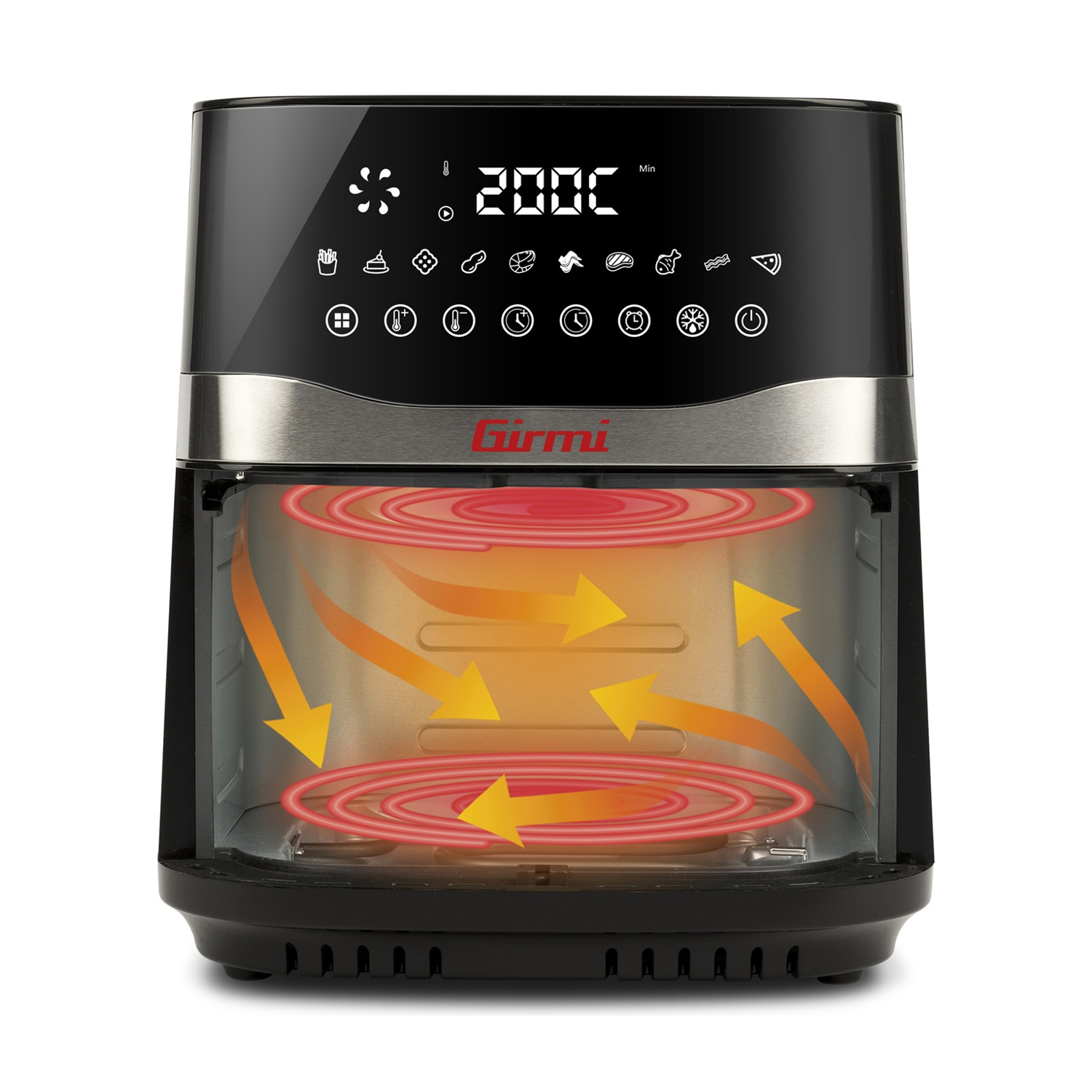 Una friggitrice ad aria. Nera con display digitale. Interno con elemento riscaldante e frecce. Marchio Girmi.
