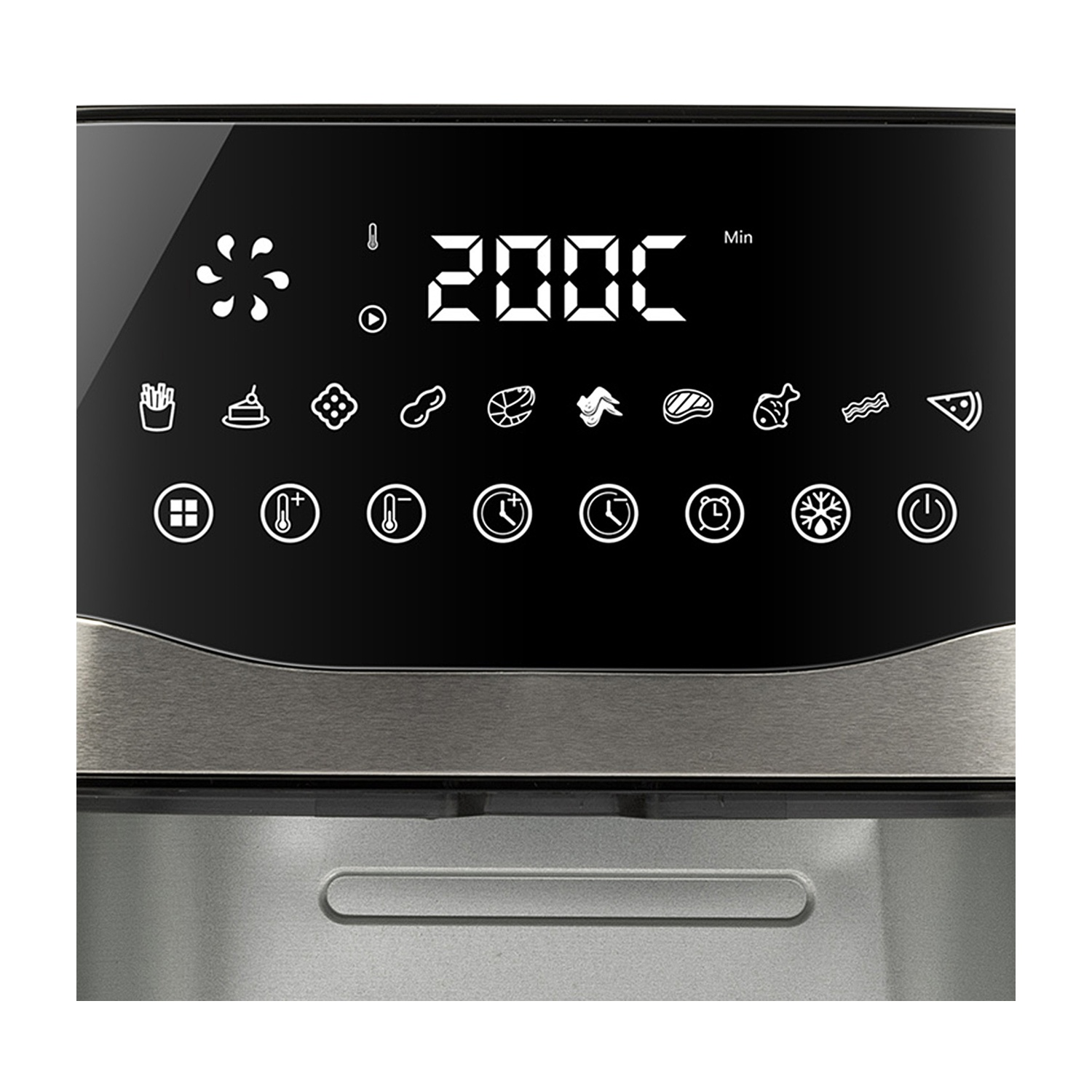Primo piano del pannello di controllo di una friggitrice ad aria. Il display mostra 200C. Vengono visualizzate icone per varie opzioni di cottura.