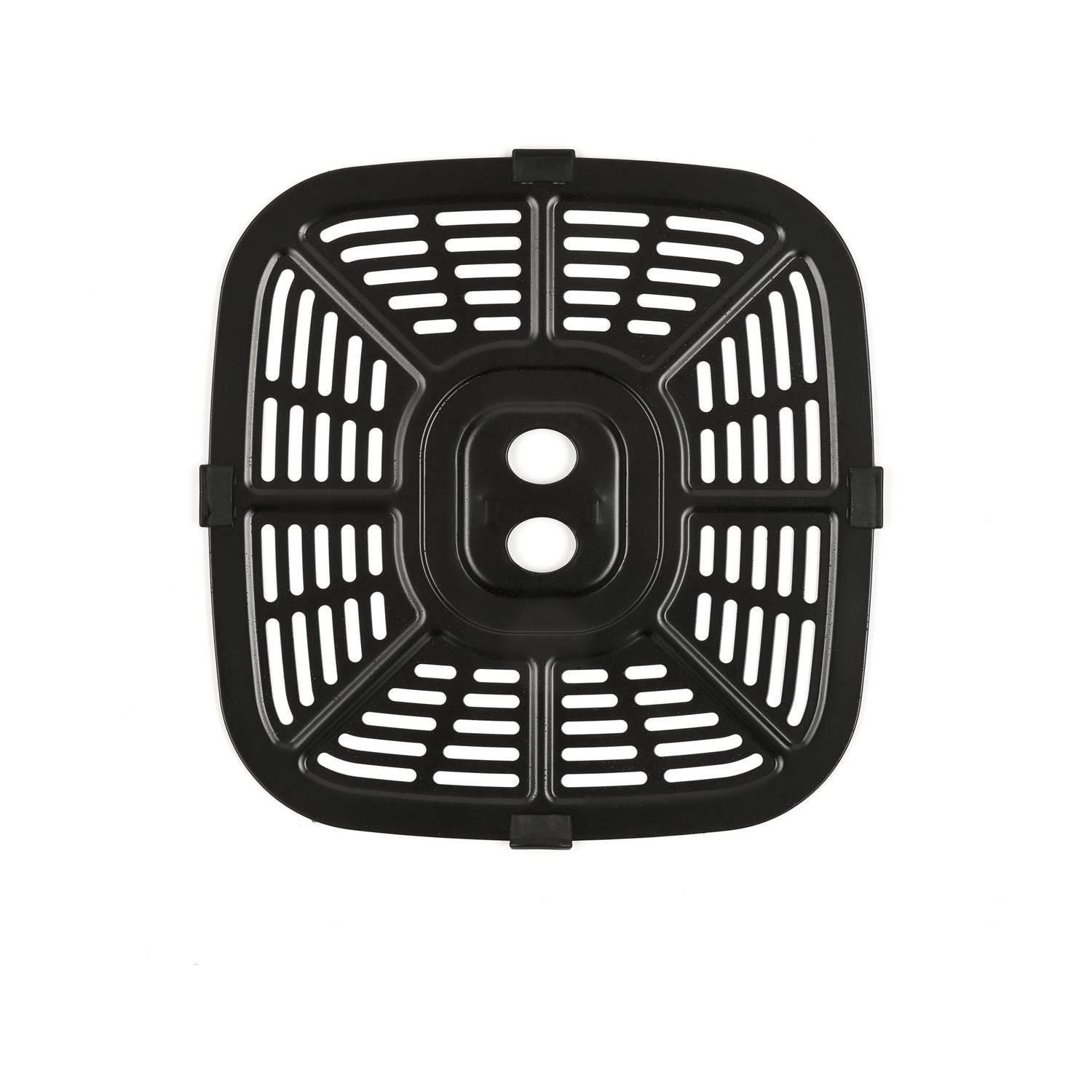 Cestello nero per friggitrice ad aria con molti slot e fori, con sfondo bianco. Due piccoli fori al centro.