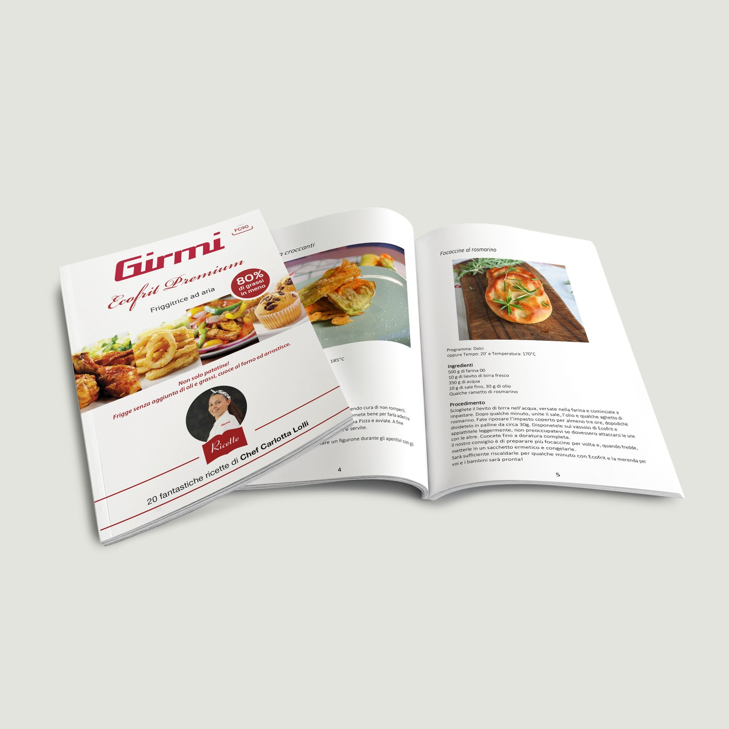Libro di cucina aperto con 'Girmi Ecofrit Premium' sulla copertina. All'interno, una ricetta per la focaccia al rosmarino è mostrata accanto a un'immagine di cibi fritti.