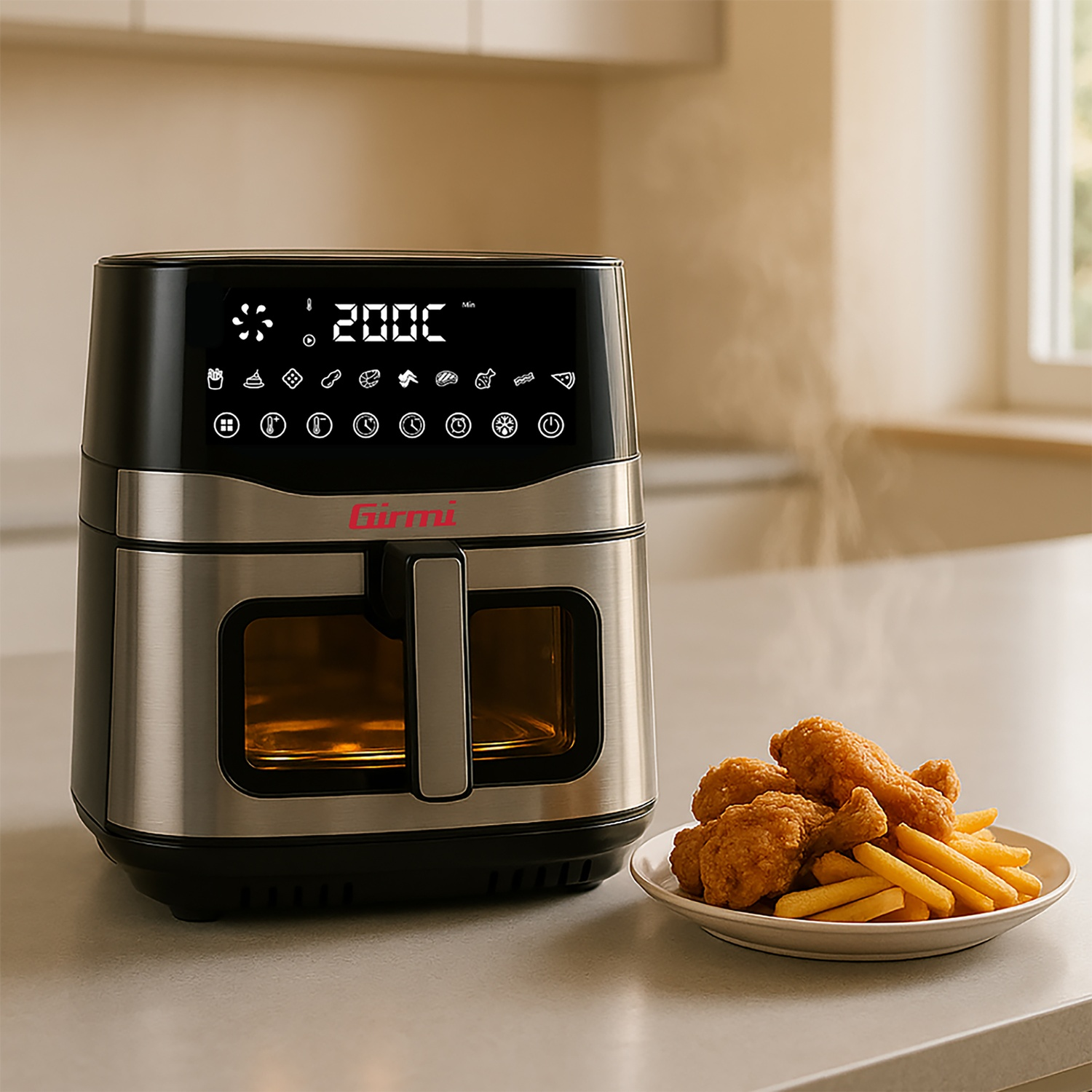 Una friggitrice ad aria con pollo fritto e patatine fritte su un piatto. Vapore che esce dalla friggitrice. Ambiente cucina.