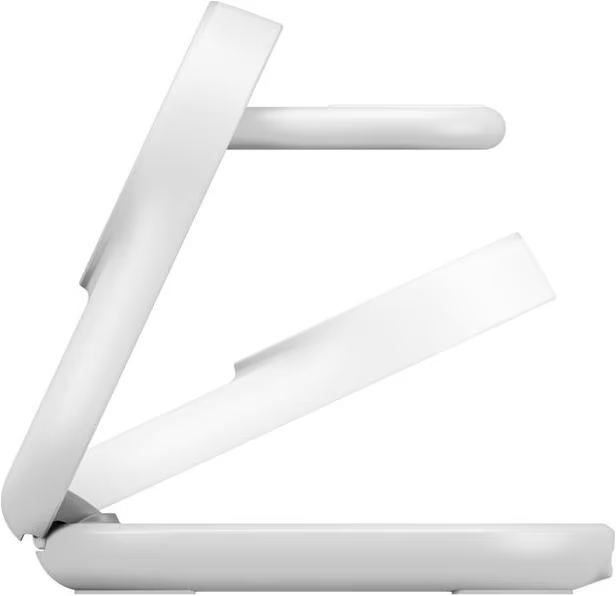 Se muestra un dispositivo blanco y angular. Tiene una base, un brazo elevado y una sección superior inclinable. El diseño es minimalista y moderno.