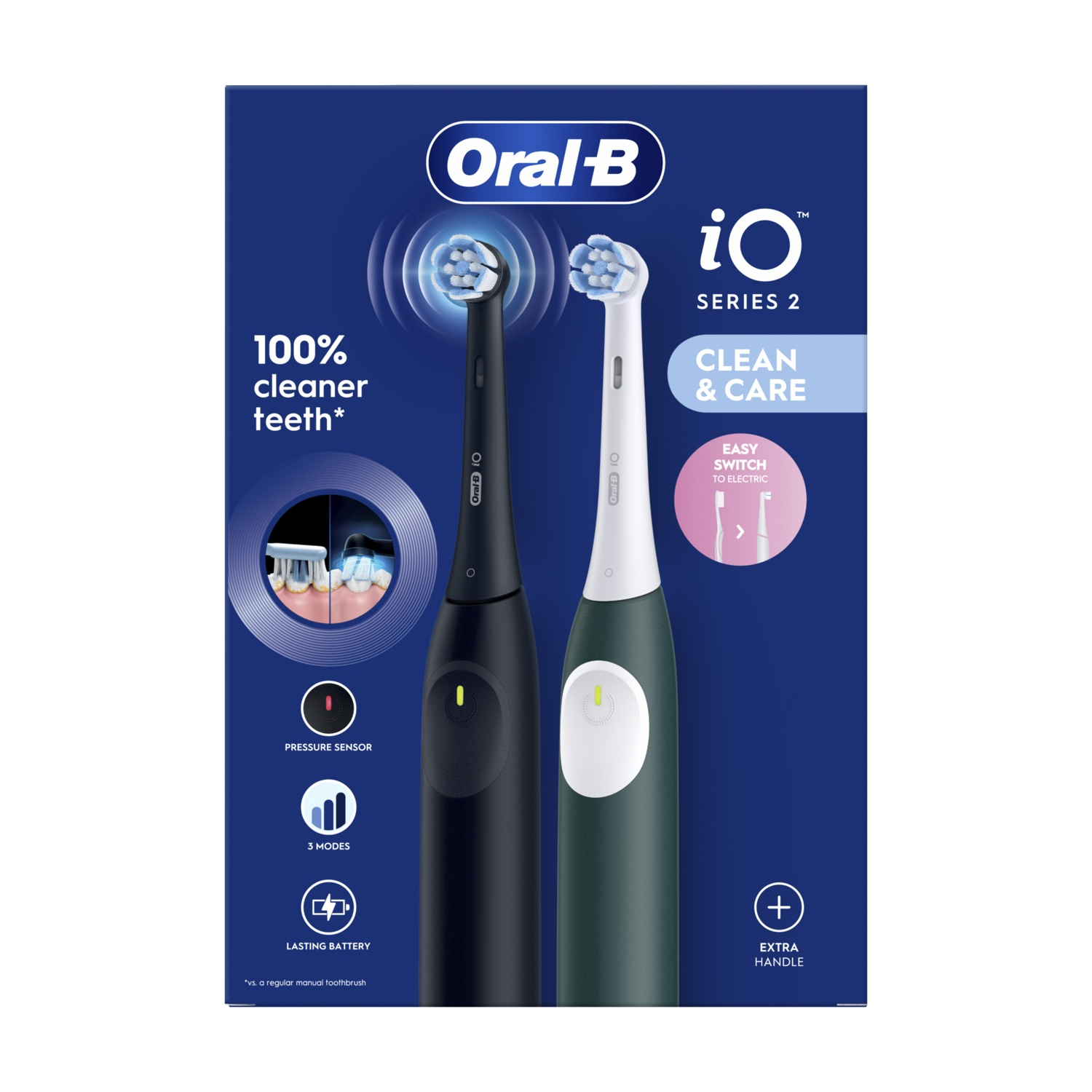 Pubblicità per uno spazzolino elettrico Oral-B iO Serie 2. Due spazzolini, uno nero, uno verde, su sfondo blu scuro con testo.
