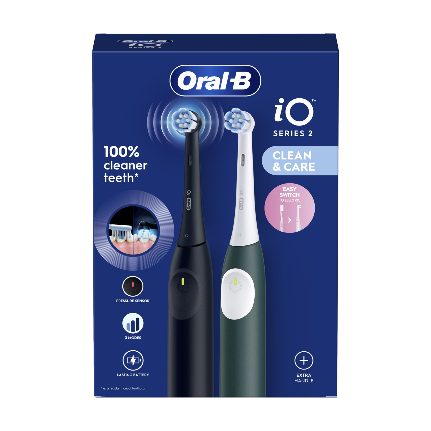 Scatola di spazzolini elettrici Oral-B iO Series 2. Sono visibili due spazzolini, nero e verde. Caratteristiche: sensore di pressione, modalità e batteria a lunga durata.