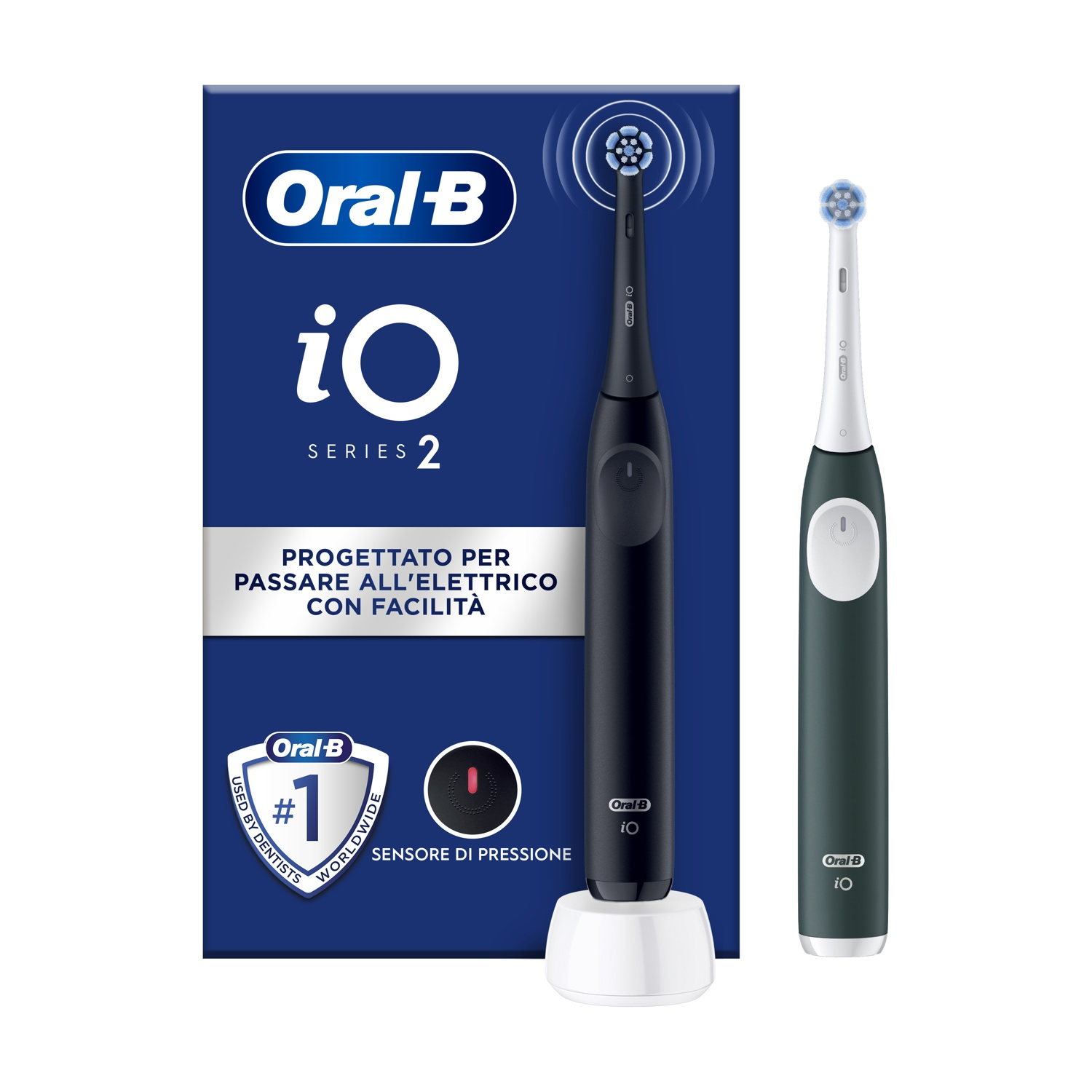 Uno spazzolino elettrico Oral-B iO Series 2 nero e verde, con base di ricarica e la scatola, che mostra le caratteristiche del prodotto.