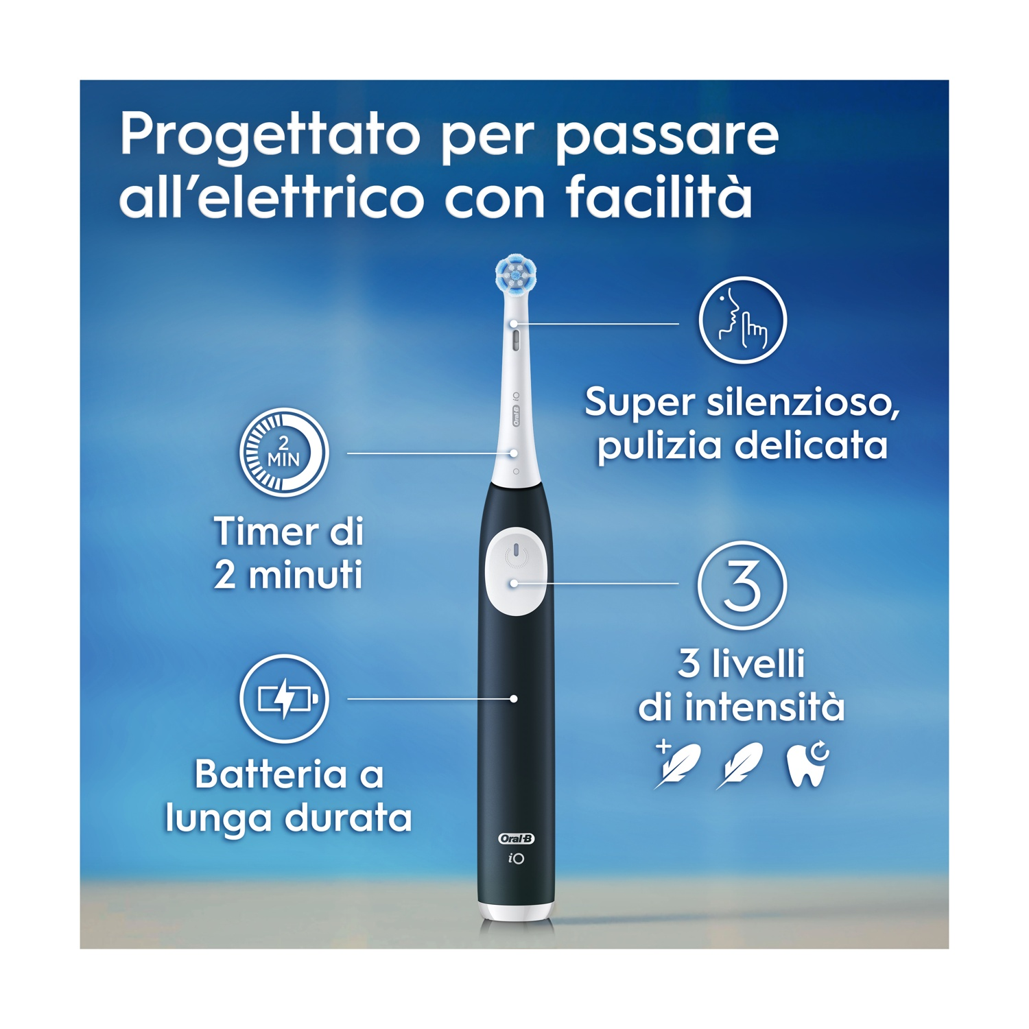 Spazzolino elettrico con timer da 2 minuti, batteria a lunga durata, 3 livelli di intensità e pulizia silenziosa e delicata. Sfondo blu.