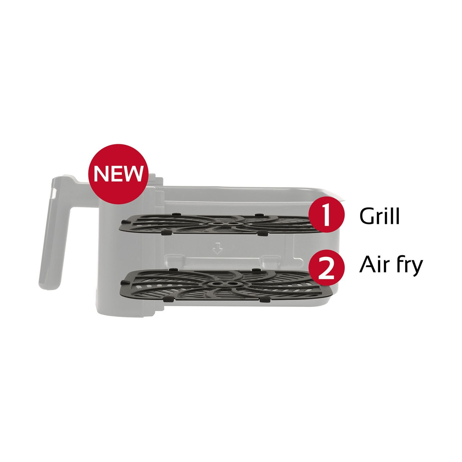 Una friggitrice ad aria con funzioni grill e friggitura. Ha un'etichetta 'NUOVO' ed etichette numerate per le funzioni grill e friggitura.