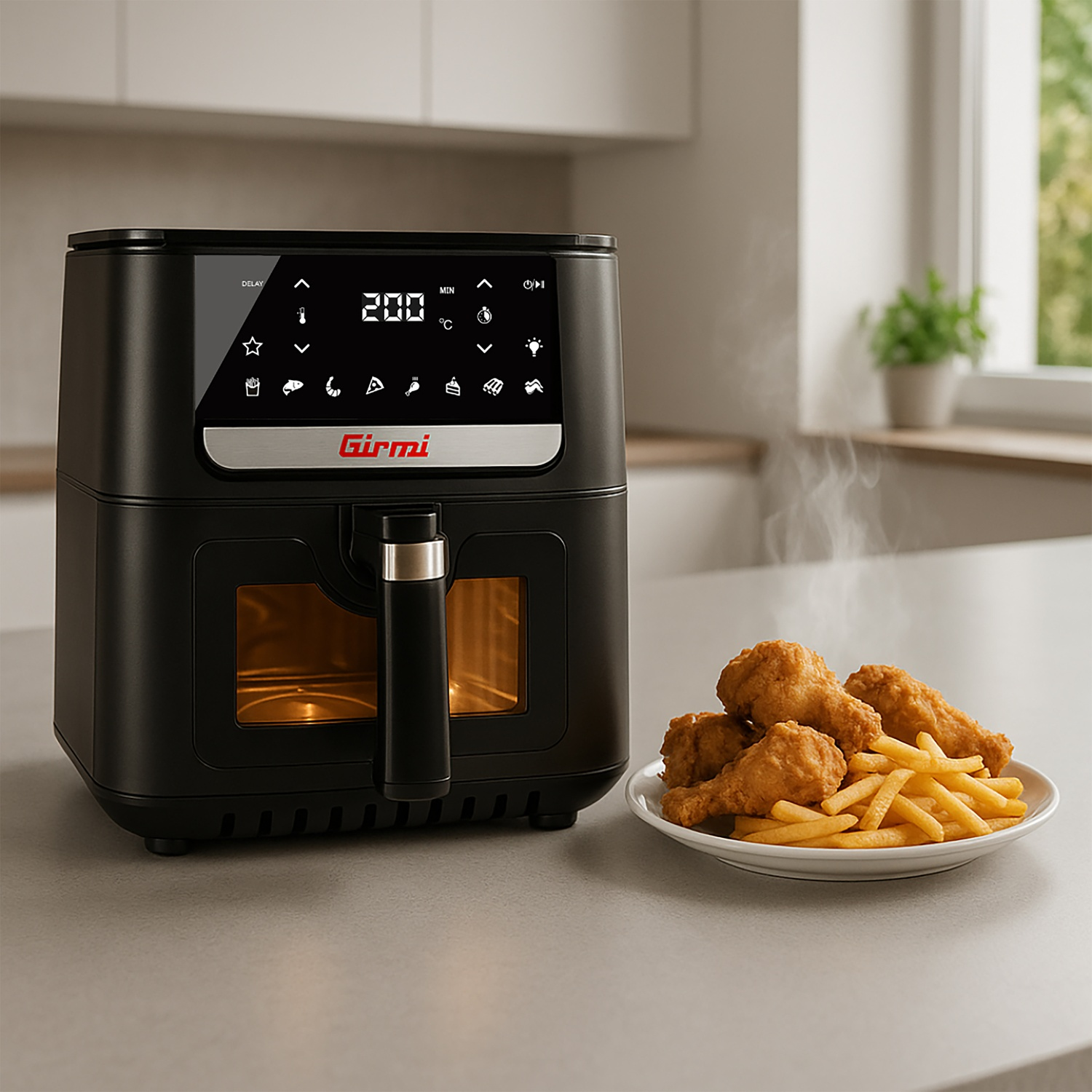 Friggitrice ad aria nera con display digitale, accanto a un piatto di pollo fritto e patatine fritte. Una finestra e una pianta sullo sfondo.